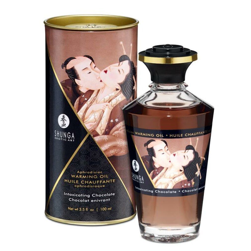 Bruine fles en doos met etiketten. Opschrift: Shunga, Warming Oil, Intoxicating Chocolate. Illustratie: kussend paar.