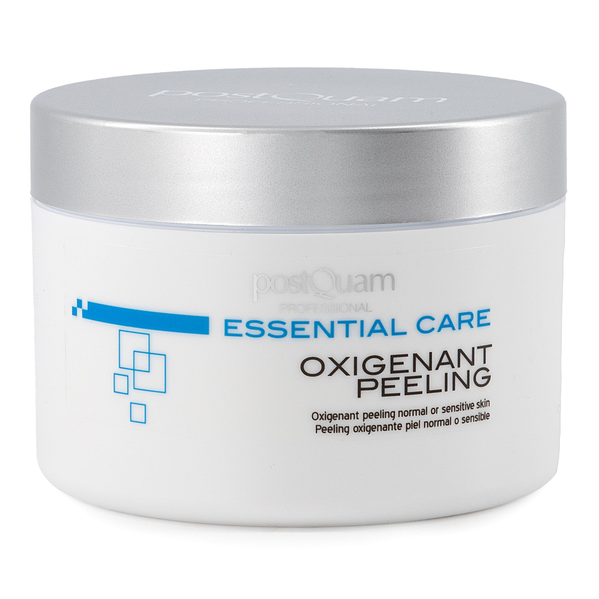 Weißer Tiegel mit silbernem Deckel. Aufschrift: Essential Care Oxigenant Peeling. Für normale oder empfindliche Haut.