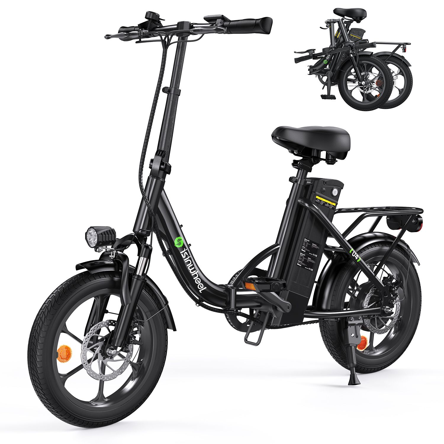 Schwarzes E-Bike mit Scheinwerfer, Gepäckträger und zusammengeklappter Option. Marke: isinwheel.