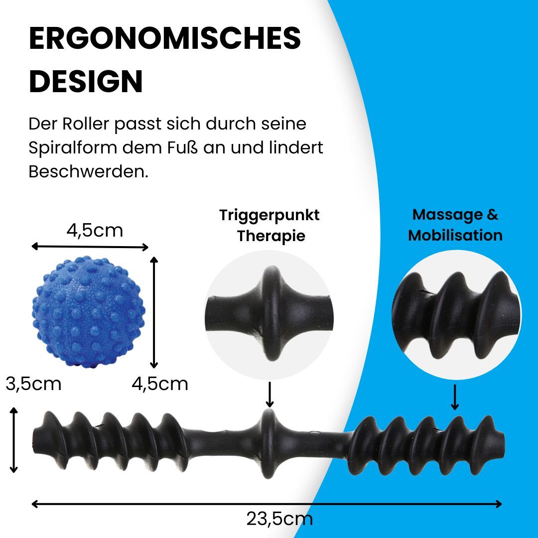 Schwarzer Fußroller und blauer Massageball. Abmessungen: 23,5 cm, 4,5 cm, 3,5 cm. Text: Ergonomisches Design, Triggerpunkt Therapie, Massage.