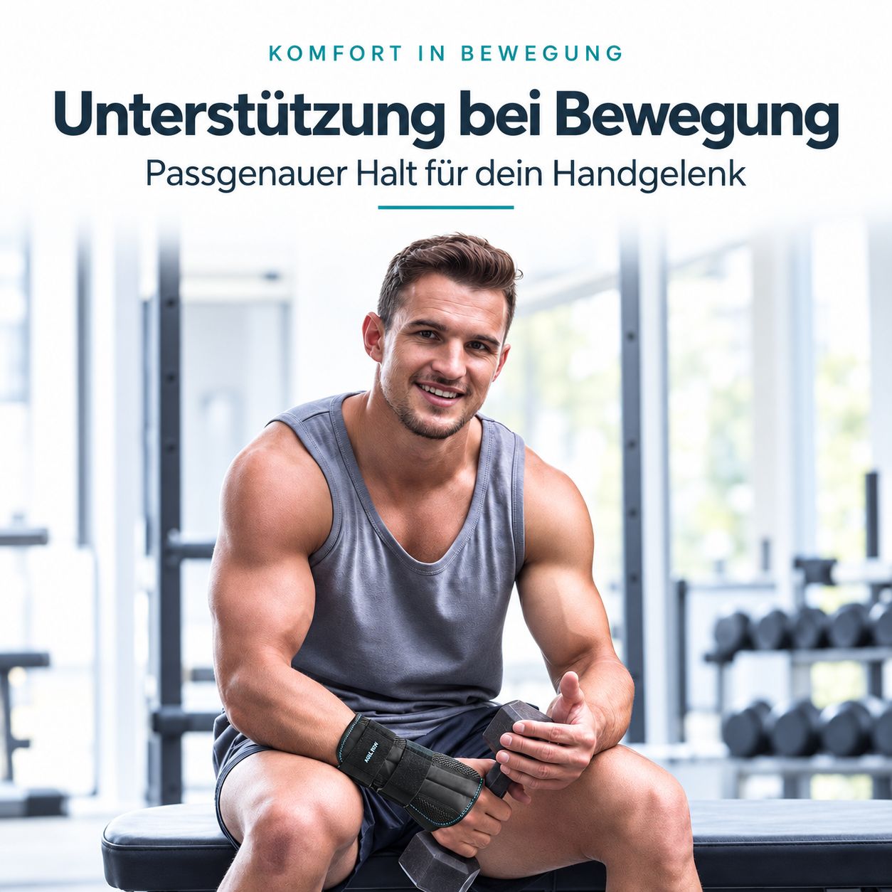 Mann mit Handgelenkbandage im Fitnessstudio. Unterstützung bei Bewegung.