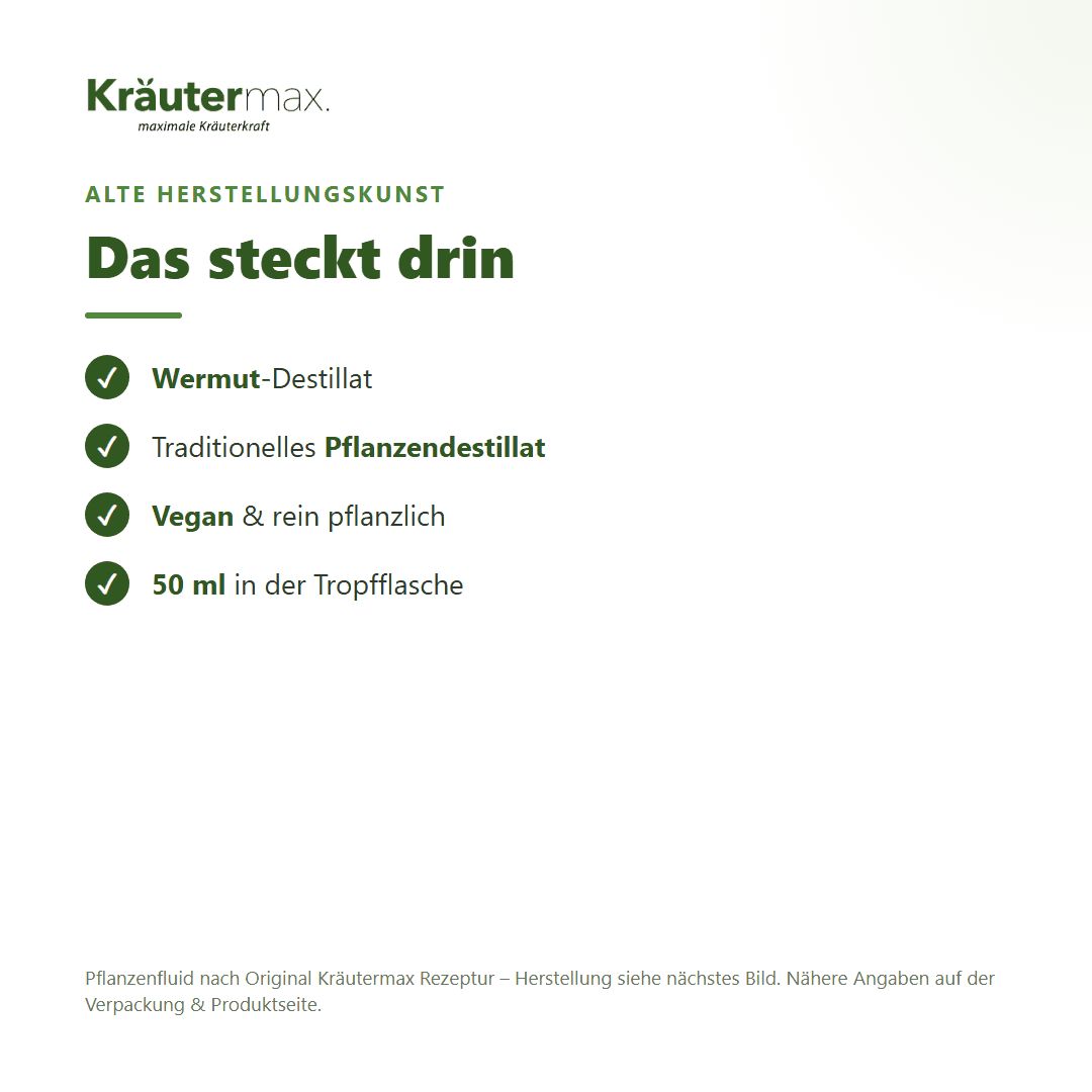 Liste mit Inhaltsstoffen: Wermut-Destillat, Traditionelles Pflanzendestillat, Vegan & rein pflanzlich, 50 ml in Tropfflasche.