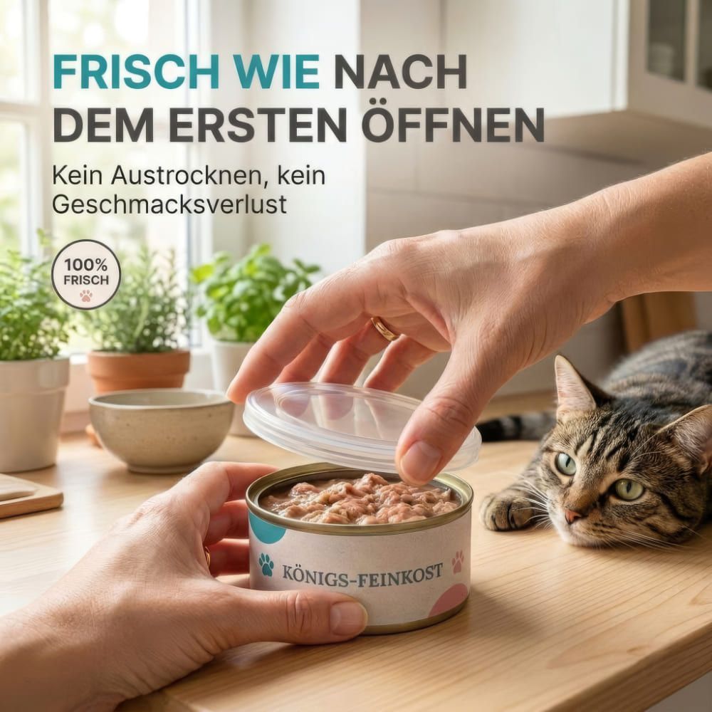 Hände öffnen Dose. Aufschrift: „FRISCH WIE NACH DEM ERSTEN ÖFFNEN“. Katze am Tisch.