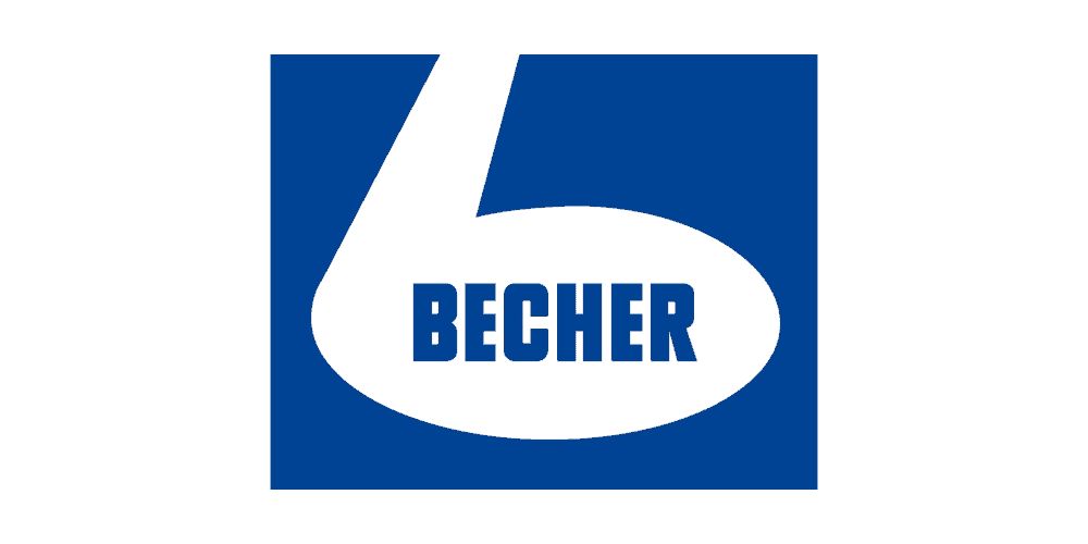 Blaues Quadrat mit weißem Bogen und Schriftzug BECHER in Blau.