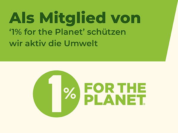 Logo: 1% for the Planet. Text: Als Mitglied von '1% for the Planet' schützen wir aktiv die Umwelt.