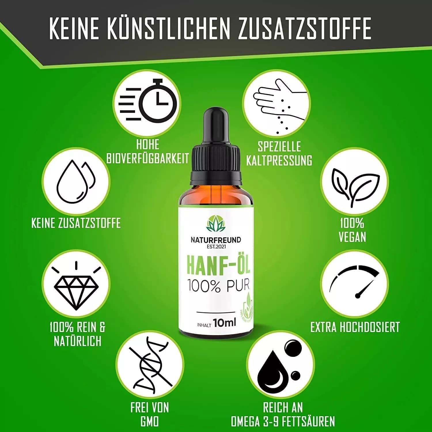 Braune Glasflasche mit Pipette. Etikett mit Logo, Schriftzug HANF-ÖL 100% PUR, Cannabis Sativa und 10ml. Text: KEINE KÜNSTLICHEN ZUSATZSTOFFE.