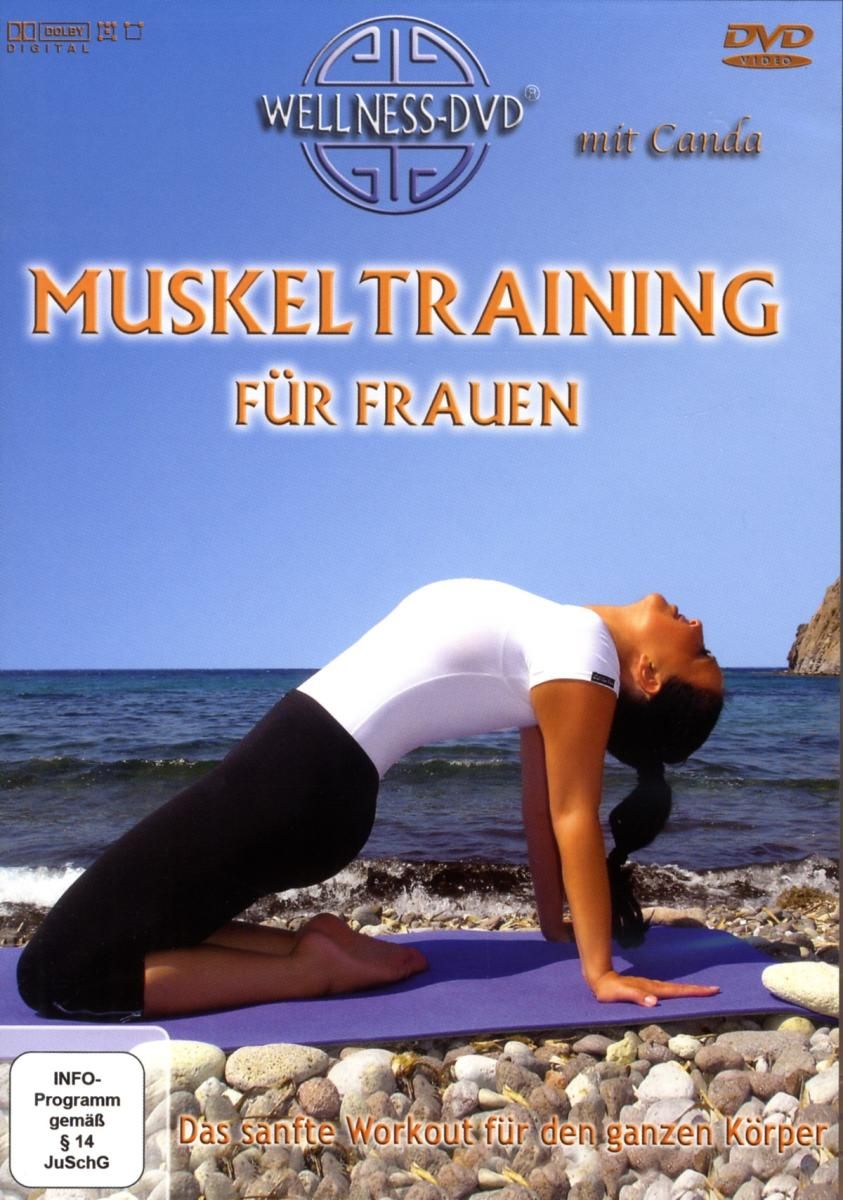 DVD "Muskeltraining für Frauen". Frau in Yoga-Pose auf Matte. Titel und Logo "Wellness-DVD" sichtbar.