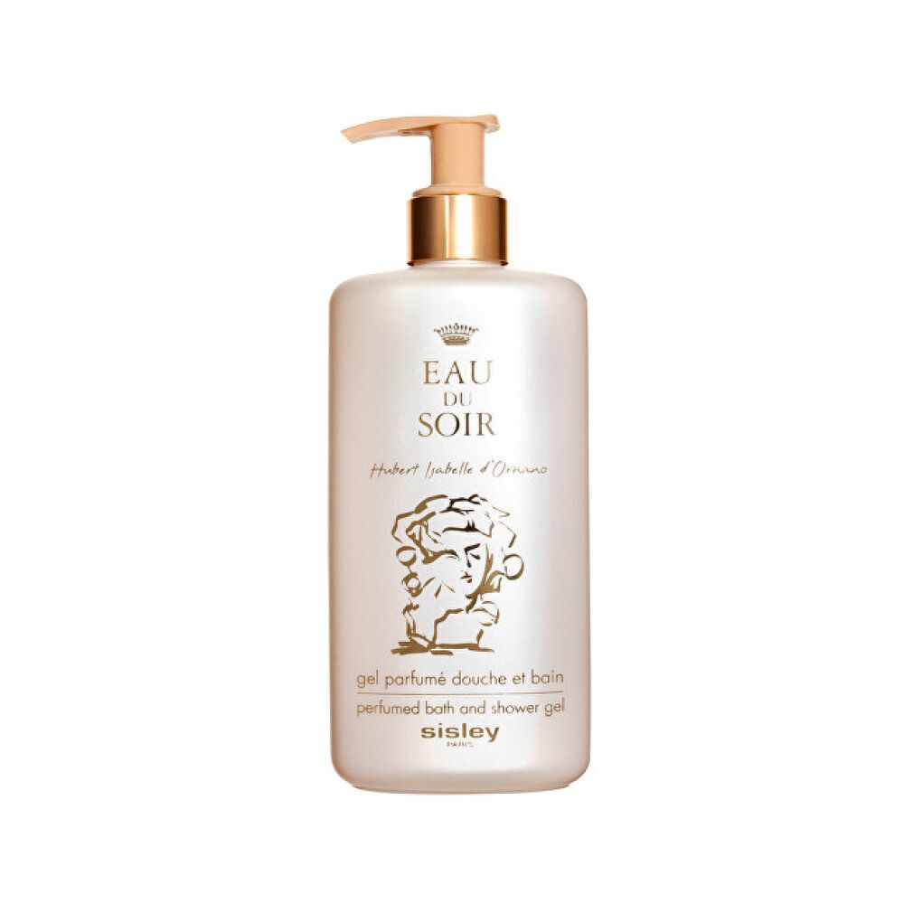 Beige Flasche mit goldfarbenem Pumpkopf. Aufschrift: Eau du Soir, gel parfumé douche et bain. Marke Sisley.