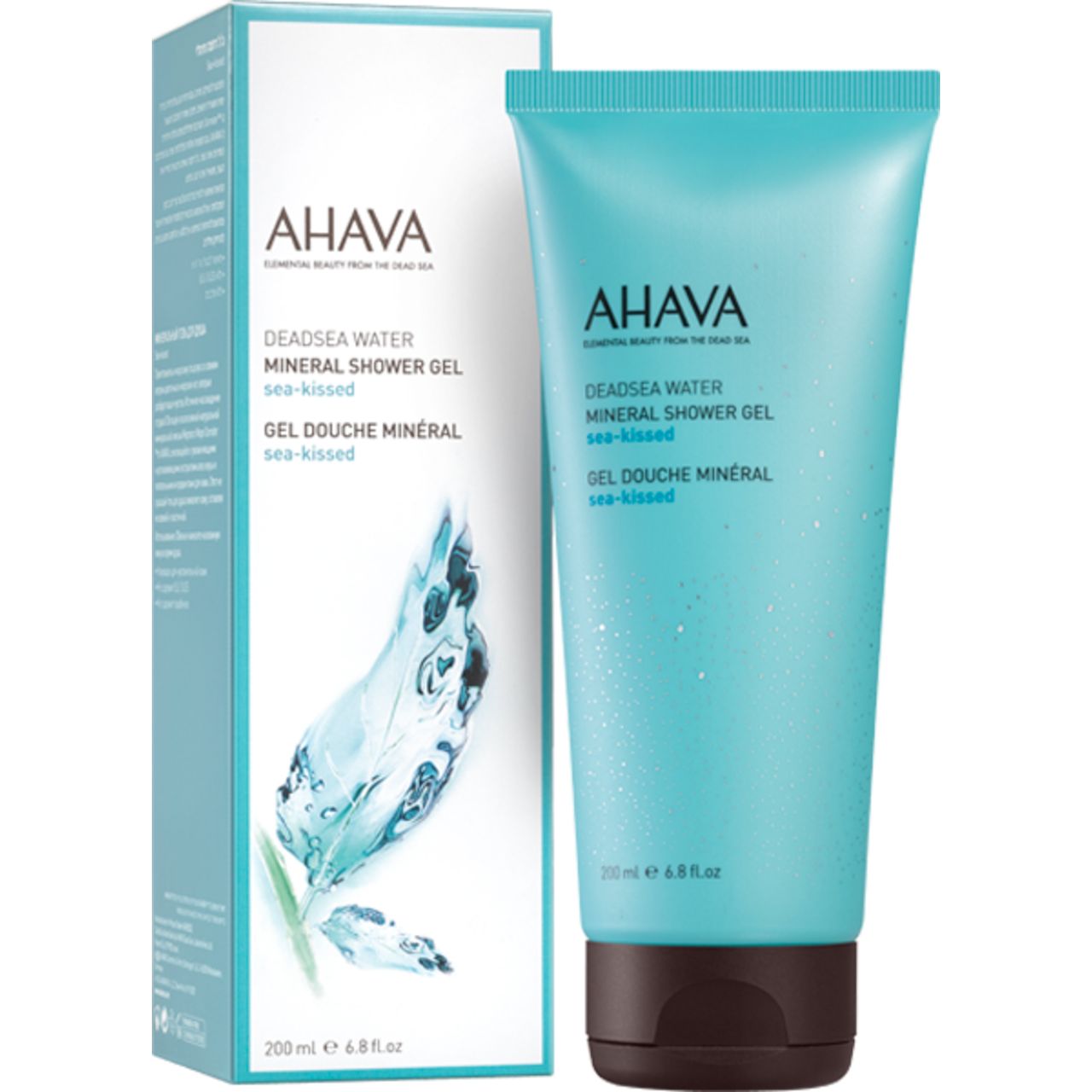 Produkt und Verpackung. Türkis Tube und rechteckige Schachtel. Aufschrift: AHAVA, Deadsea Water Mineral Shower Gel, sea-kissed.