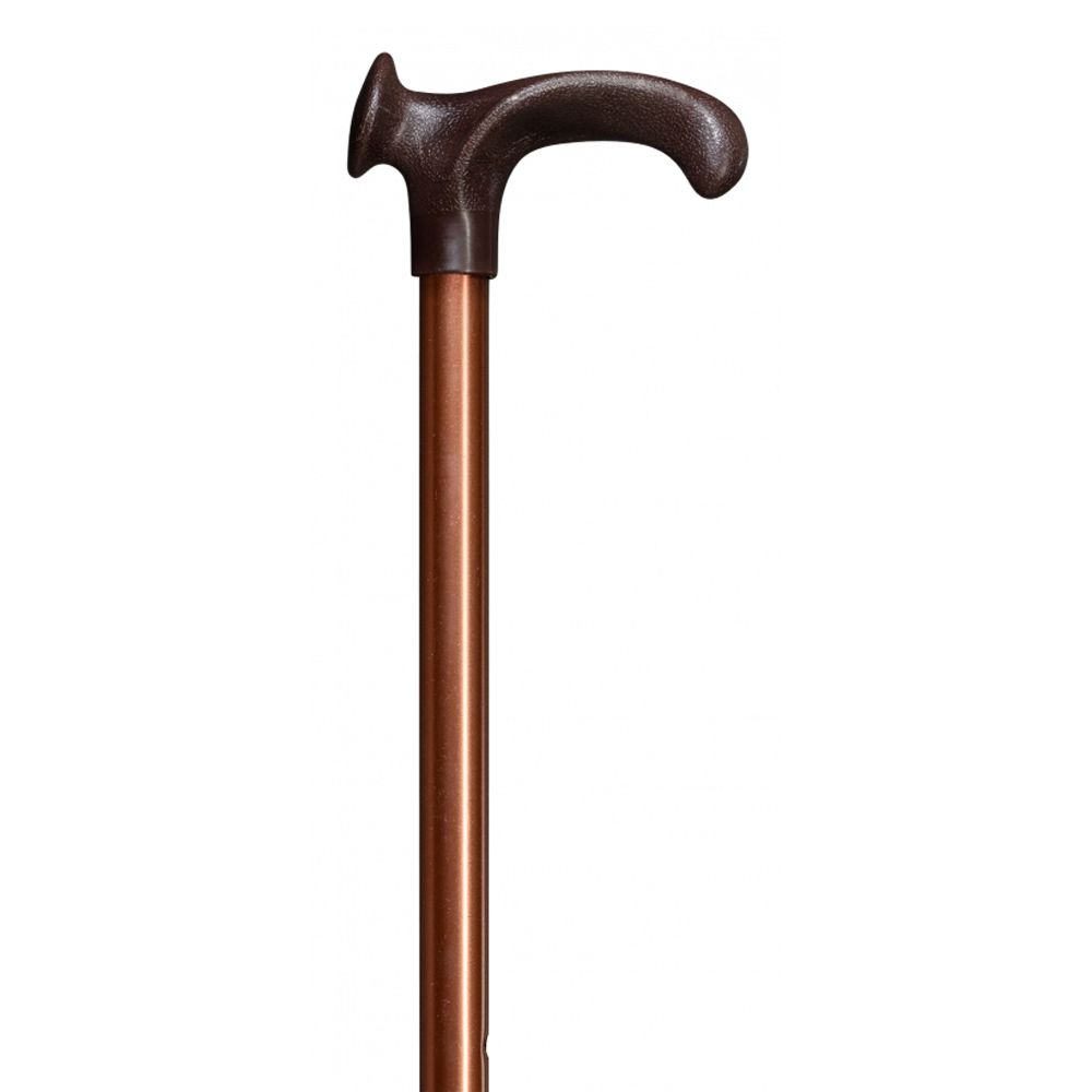 Gehstock mit braunem Griff und bronzefarbener Stange. Der Griff ist ergonomisch geformt.