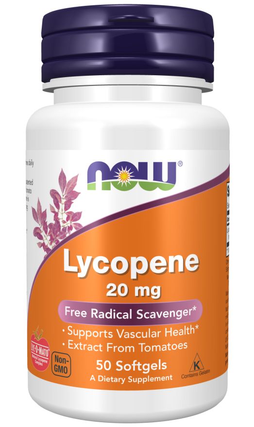 Weiße Flasche mit lila Deckel. Etikett mit orangefarbenem Feld und Text: Lycopene 20 mg, Now Logo, 50 Softgels.