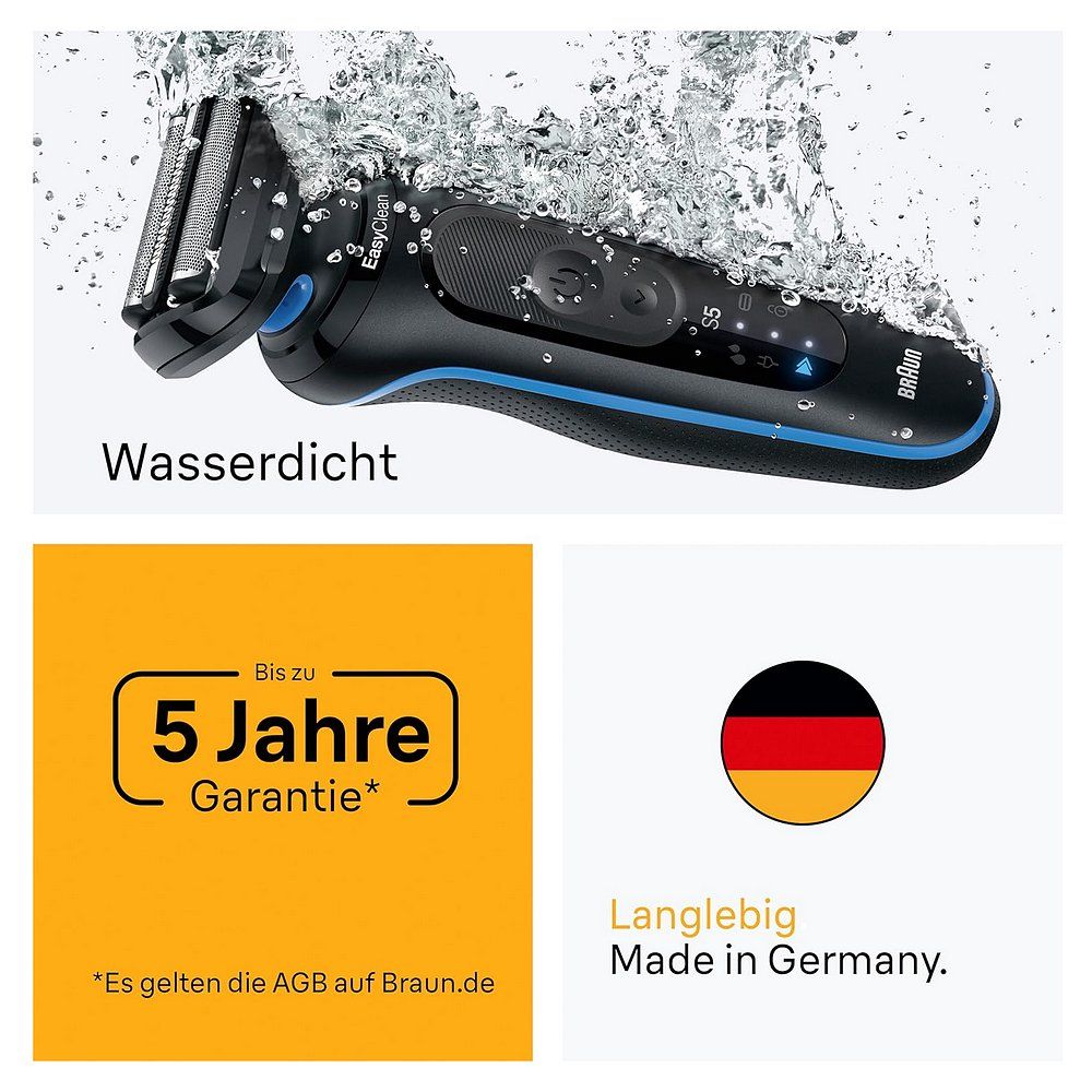 Wasserdichter Braun Series 5 Rasierer unter Wasser. Bis zu 5 Jahre Garantie. Made in Germany.