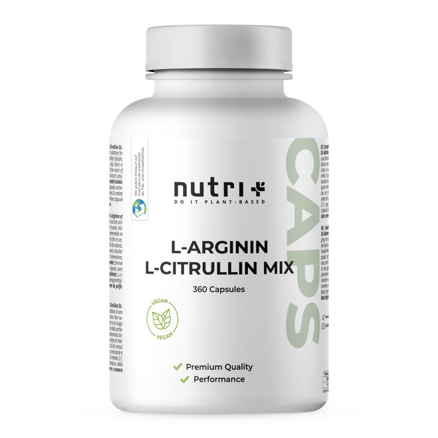 Weiße Flasche mit Kapseln. Aufschrift: L-Arginin L-Citrullin Mix, 360 Kapseln. Vegan-Siegel.
