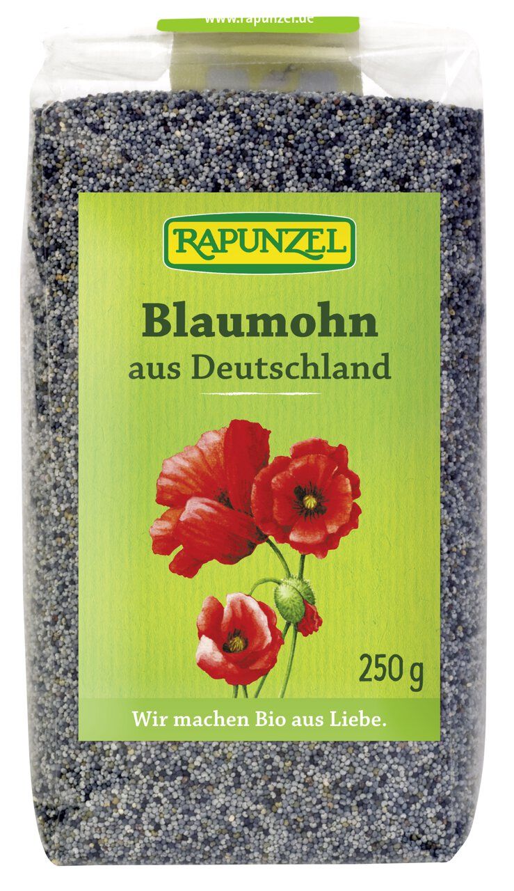 Rapunzel Blaumohn aus Deutschland, 250g Packung mit Mohnblumen-Illustration.