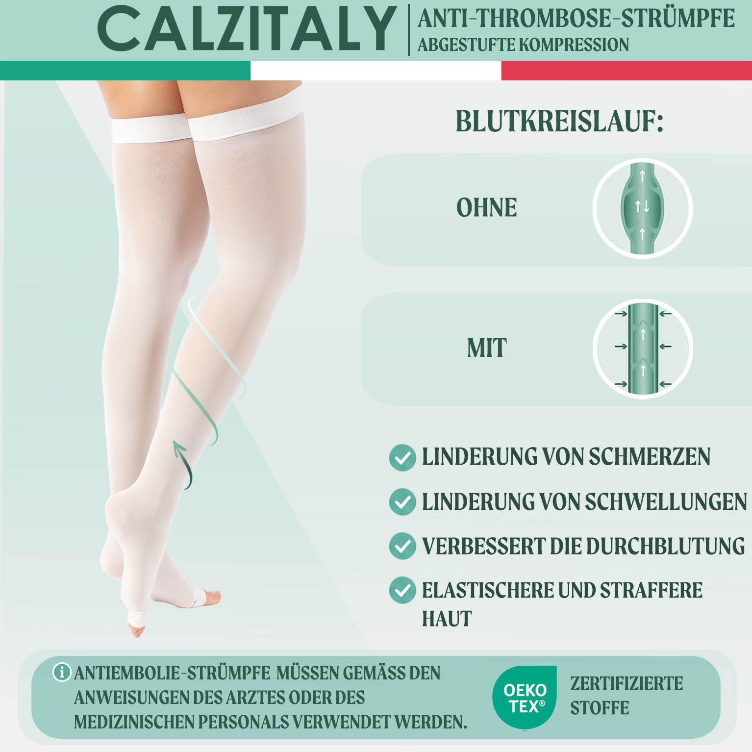 CALZITALY Anti-Thrombose halterlose Strümpfe, offene Spitze, starke Kompression, Made in Italy