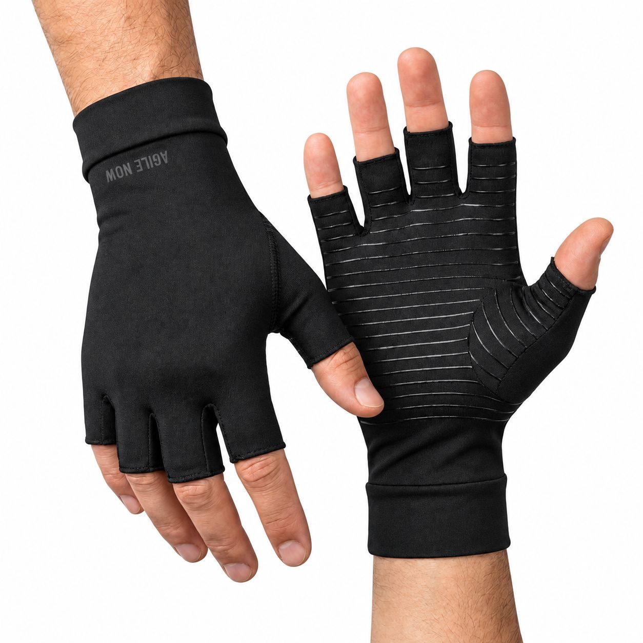 Schwarze Kompressionshandschuhe mit offenen Fingern. Ein Paar wird auf Händen gezeigt, mit sichtbarem Logo 'AGILE NOW'.