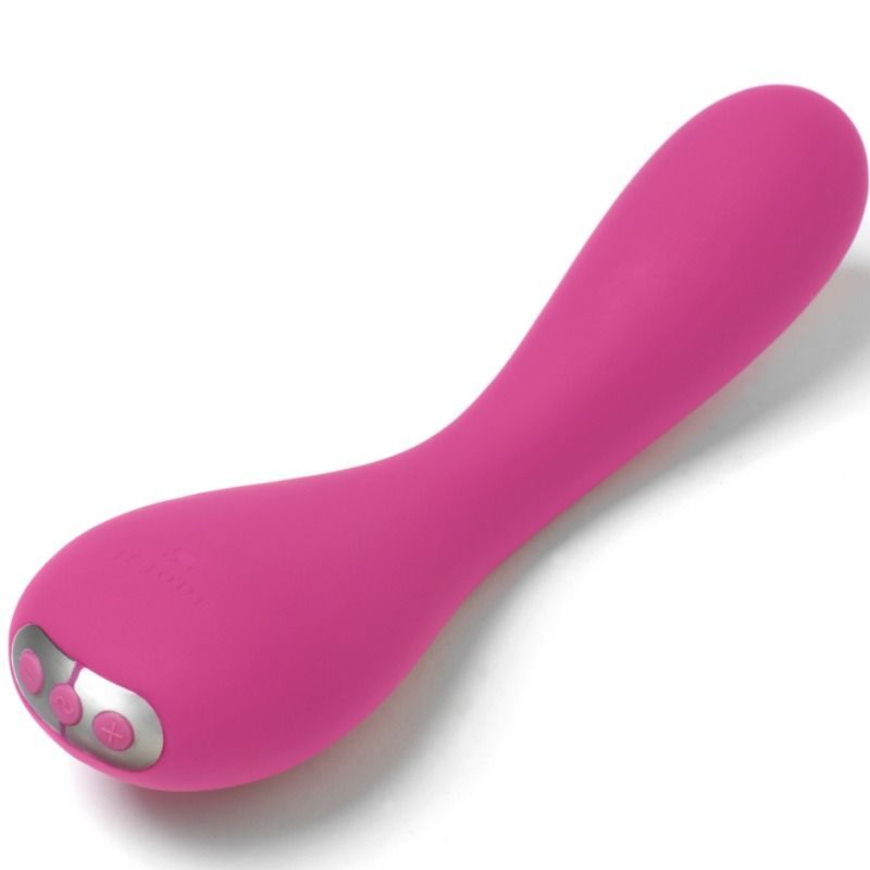 Pinkfarbener Vibrator mit geschwungener Form. Drei Knöpfe an der Spitze. Glatte Oberfläche.