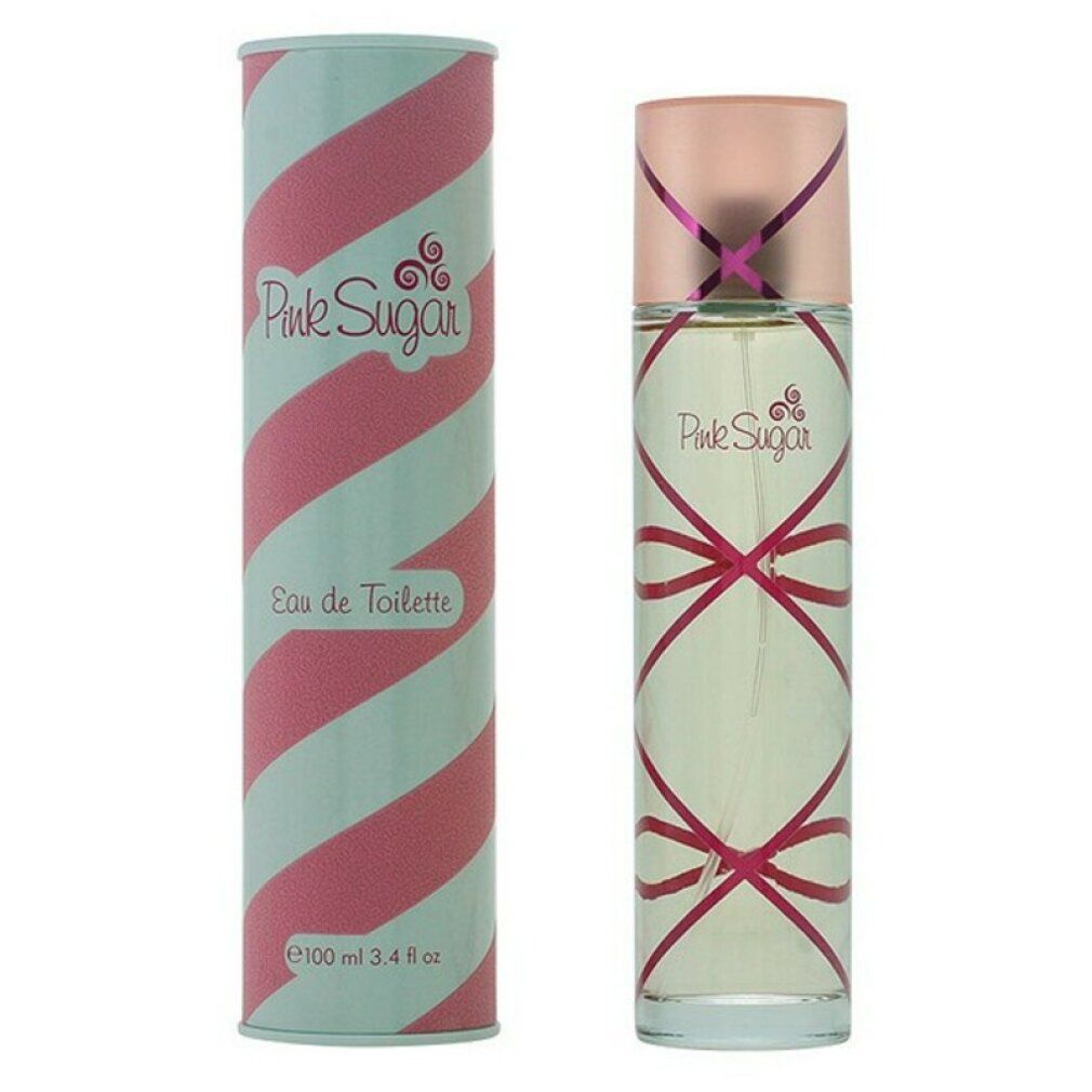 Aquolina Pink Sugar Eau de Toilette Spray und Verpackung. Flasche mit rosa Verzierungen, Verpackung mit Streifen.