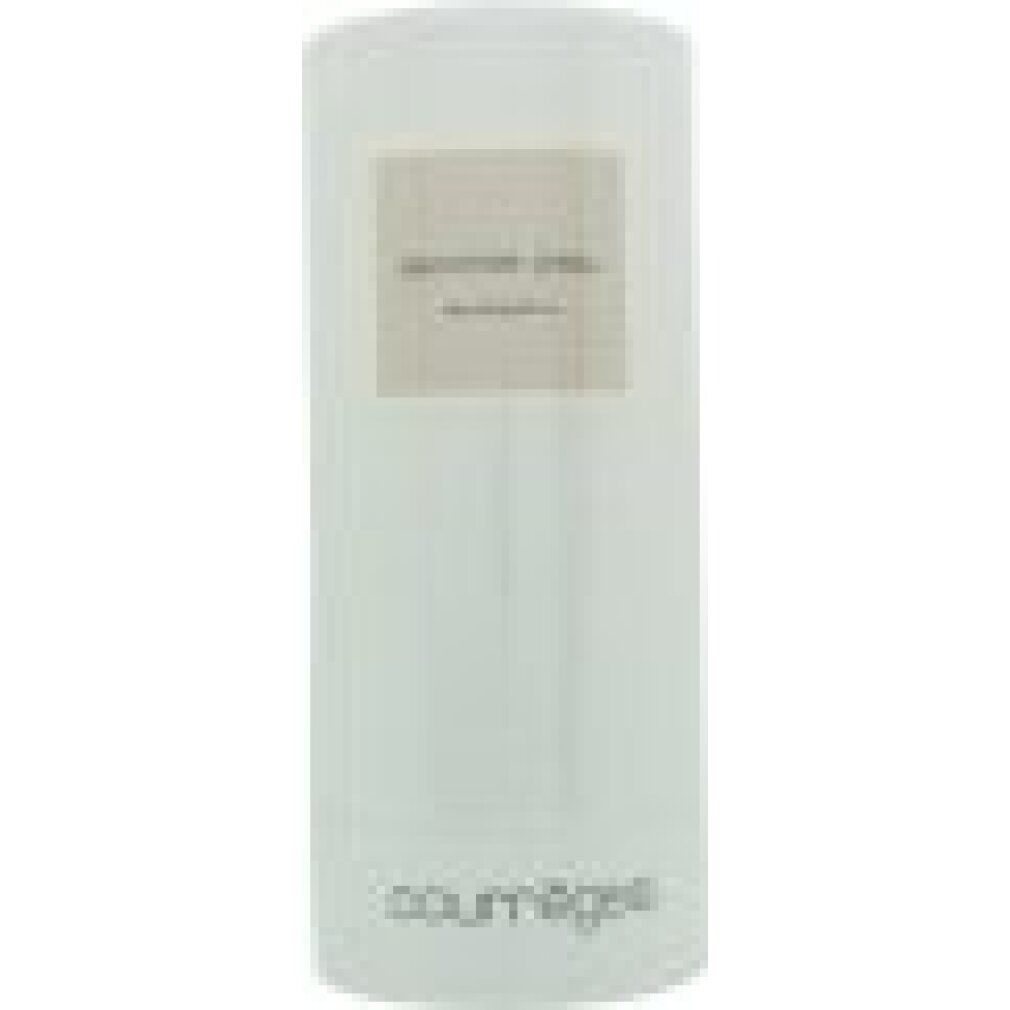 Zylindrische Flasche mit Etikett. Auf dem Etikett steht "Courrèges".