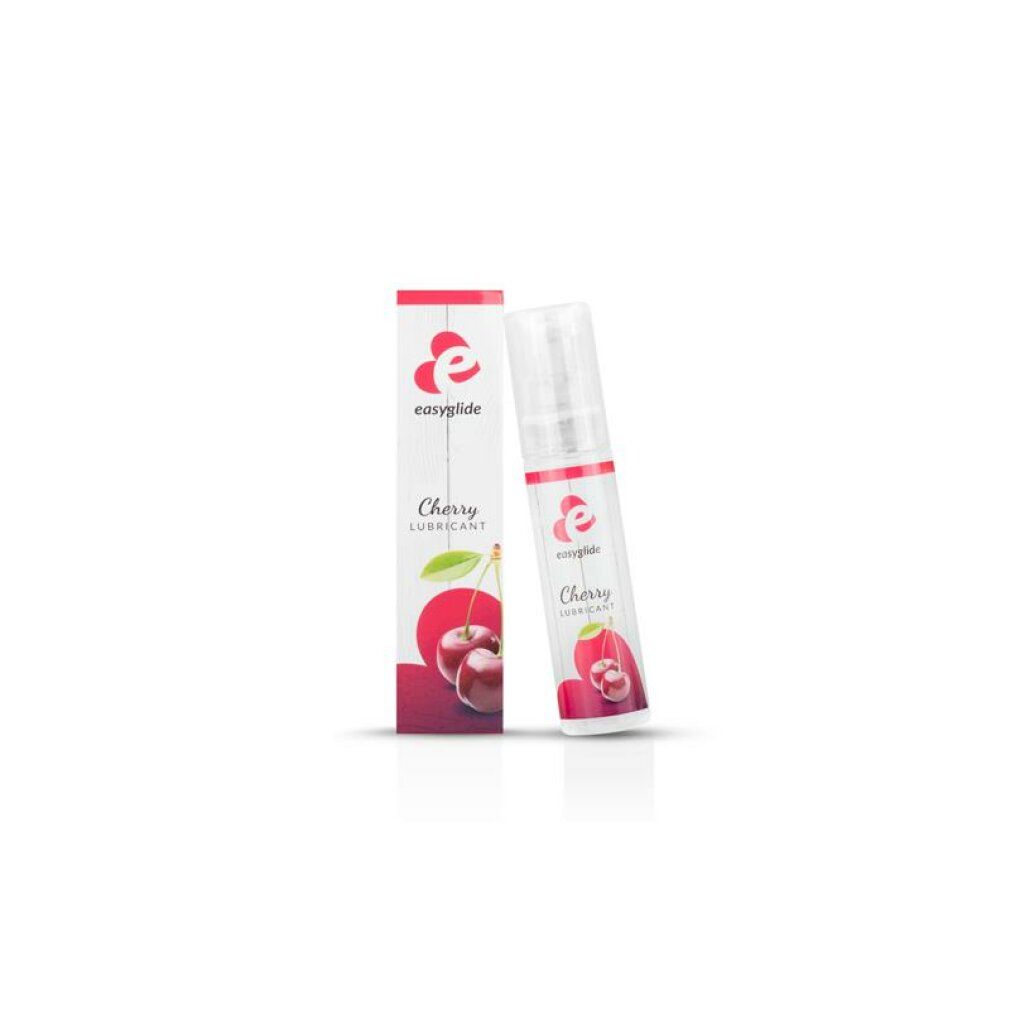 Produktverpackung und Flasche. Aufschrift: easyglide, Cherry Lubricant. Kirsch-Illustration. Weißer Hintergrund.