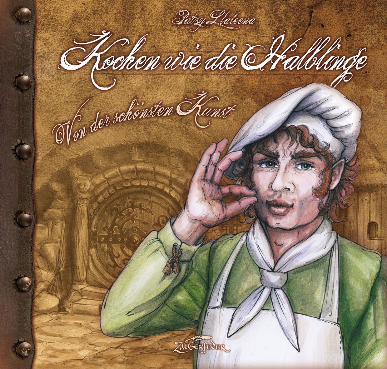 Buchcover: "Kochen wie die Halblinge". Illustration eines Kochs mit Kochmütze. Titel und Autor sichtbar.