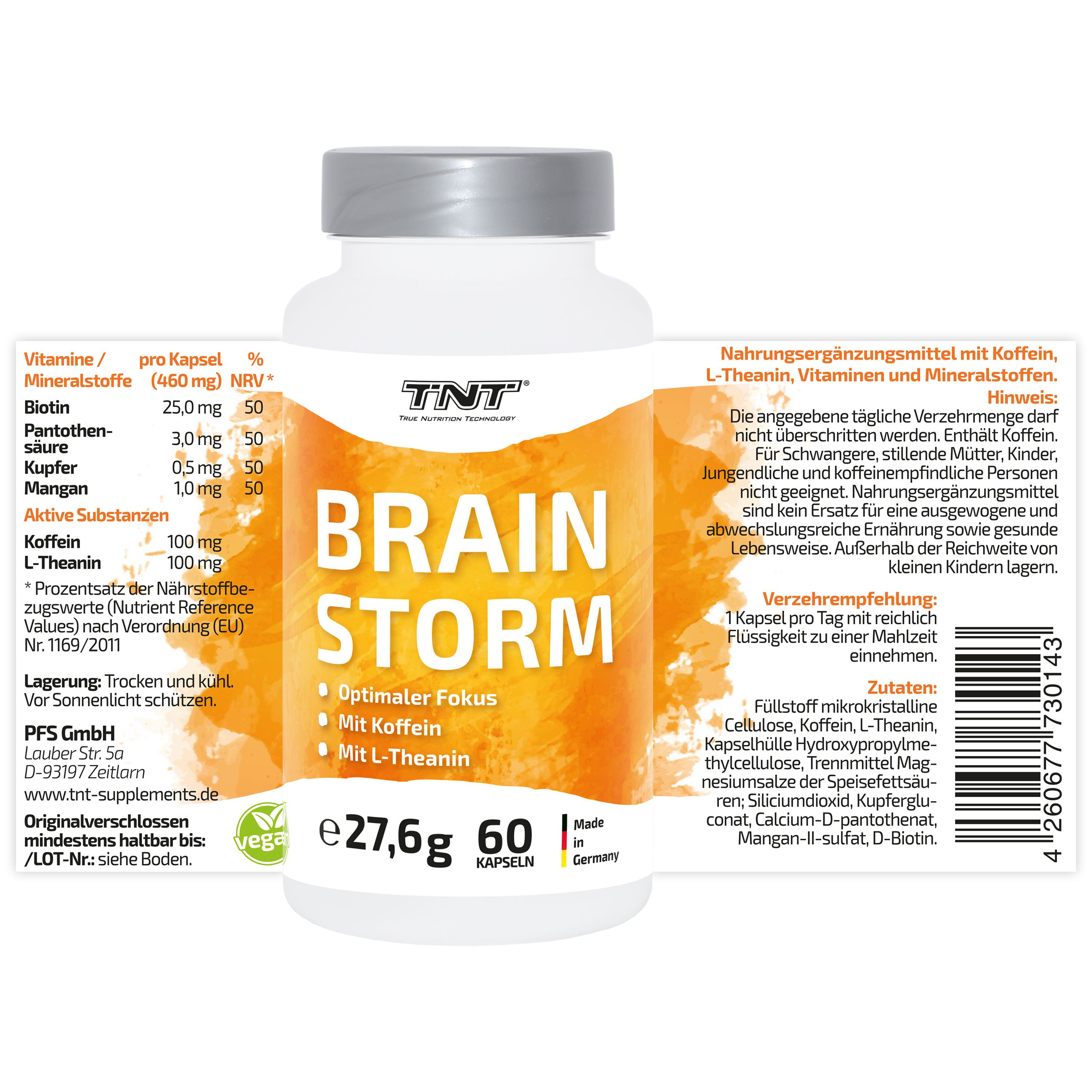 Produktflasche mit Informationen. Aufschrift: BRAIN STORM, 60 Kapseln. Text.