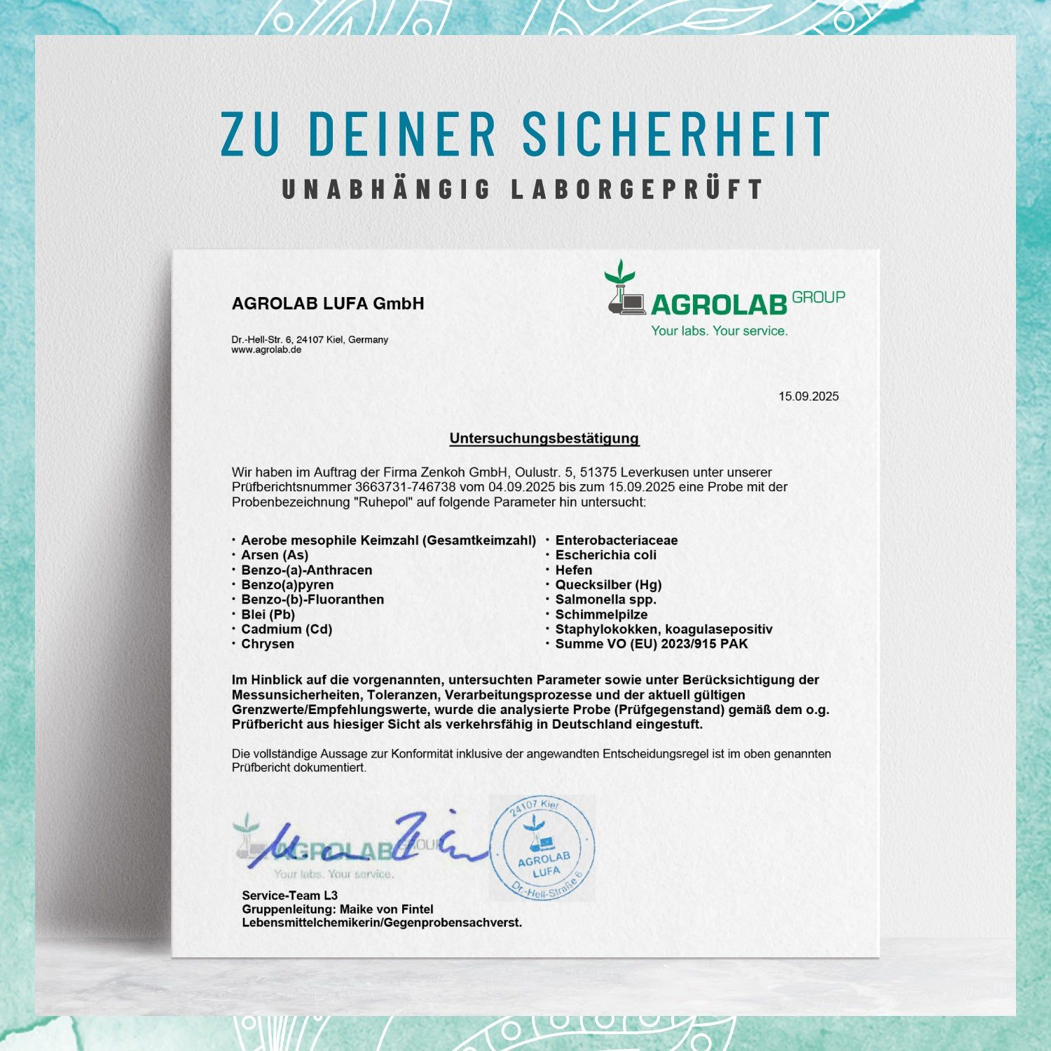 Zertifikat der Agrolab LUFA GmbH. Text: Untersuchungbestätigung. Logo: Agrolab Group. Unterschrift. Datum: 15.09.2025.