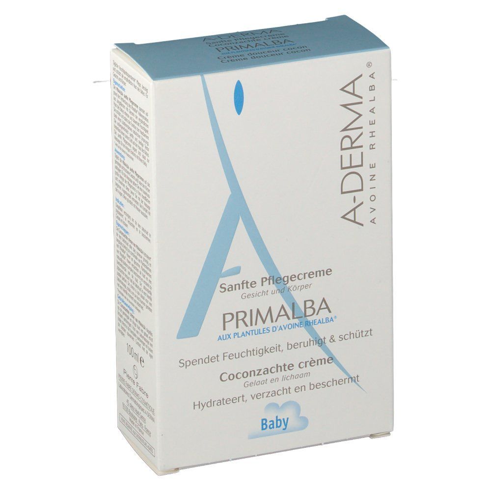 Kartonnen verpakking. A-DERMA en PRIMALBA logo. Tekst: Sanfte Pflegecreme, Hydrateert, verzacht en beschermt. Baby, 100ml.