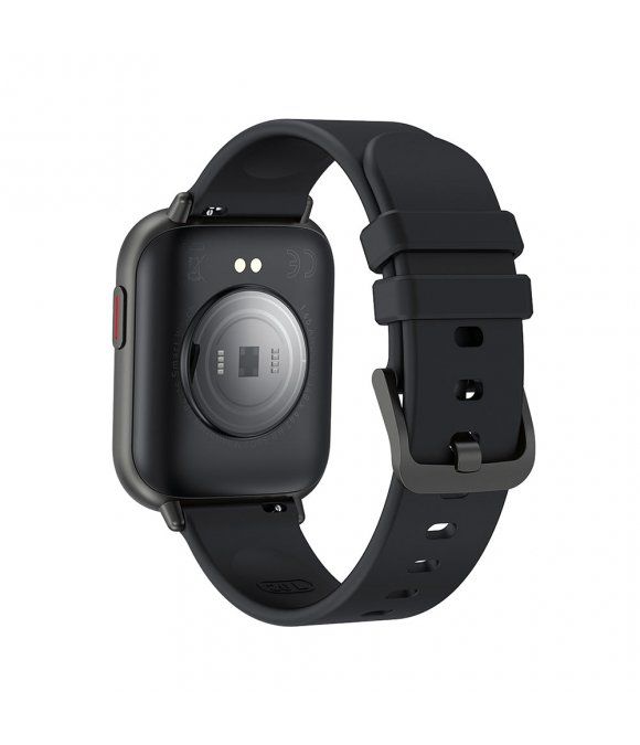 Rückseite einer schwarzen Smartwatch. Herzfrequenzsensor und Ladekontakte sichtbar. Schwarzes Armband.