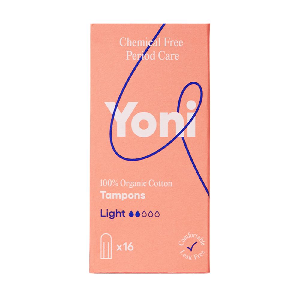 Rosa Schachtel mit Yoni-Logo und Text: "100% Organic Cotton Tampons", "Light". 16 Stück. Mit einem grünen Haken.