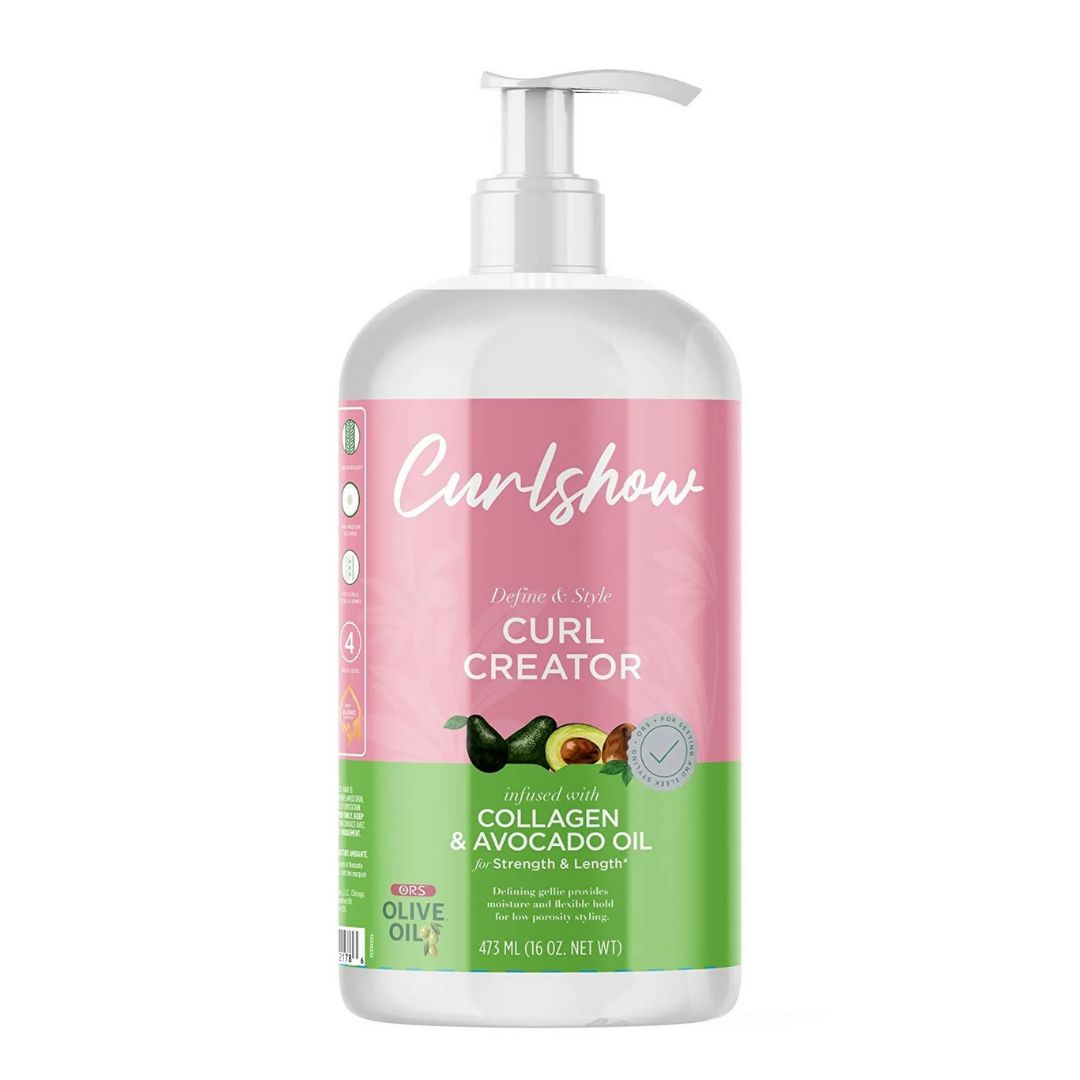 Flasche mit Pumpe. Rosa Etikett mit "Curlshow" und "CURL CREATOR". Enthält Avocadoöl und Kollagen. Grüne und weiße Akzente.