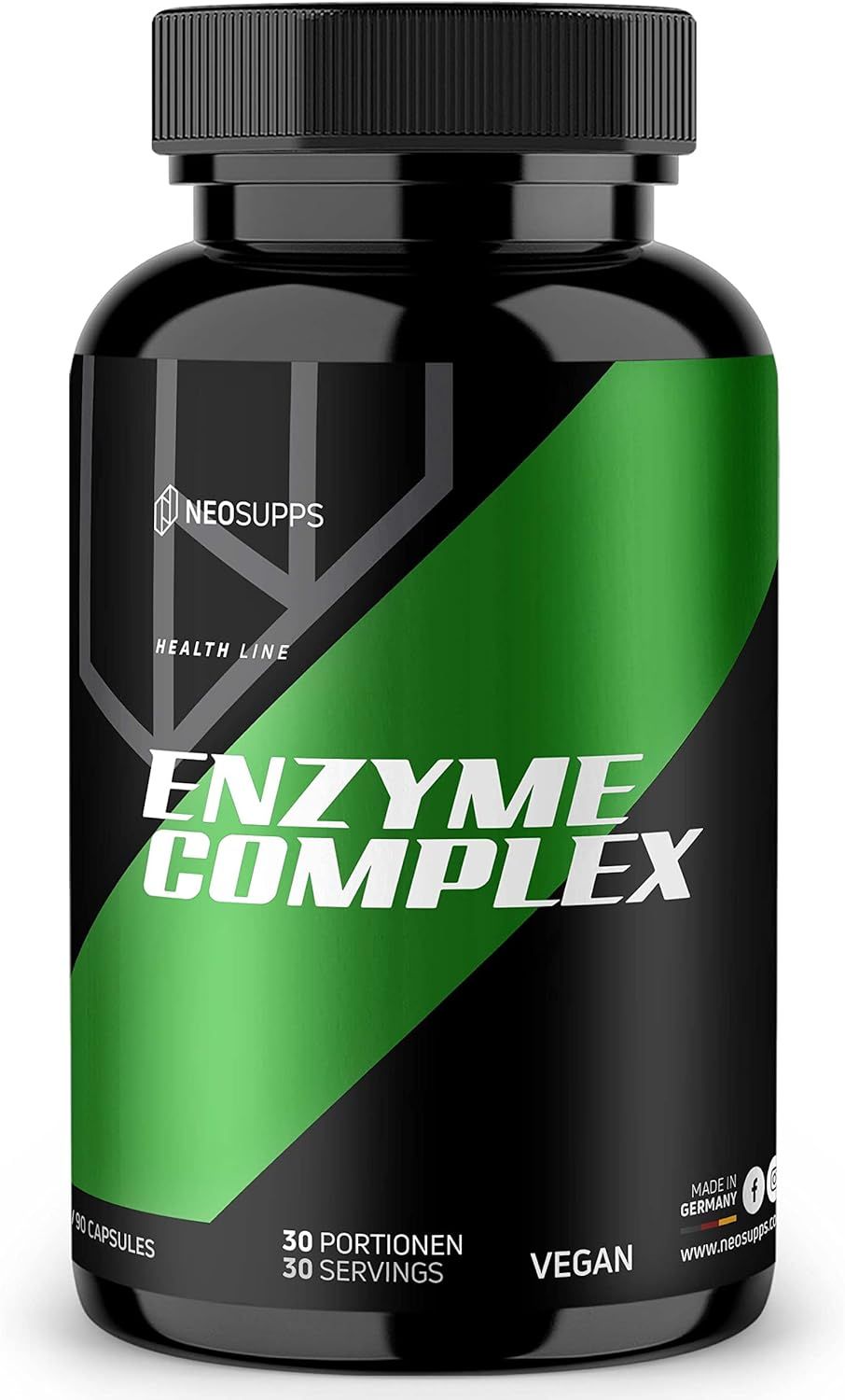 Schwarze Flasche mit grünem Etikett. Text: ENZYME COMPLEX. 90 Kapseln, 30 Portionen. Vegan-Logo. Health Line. Made in Germany.