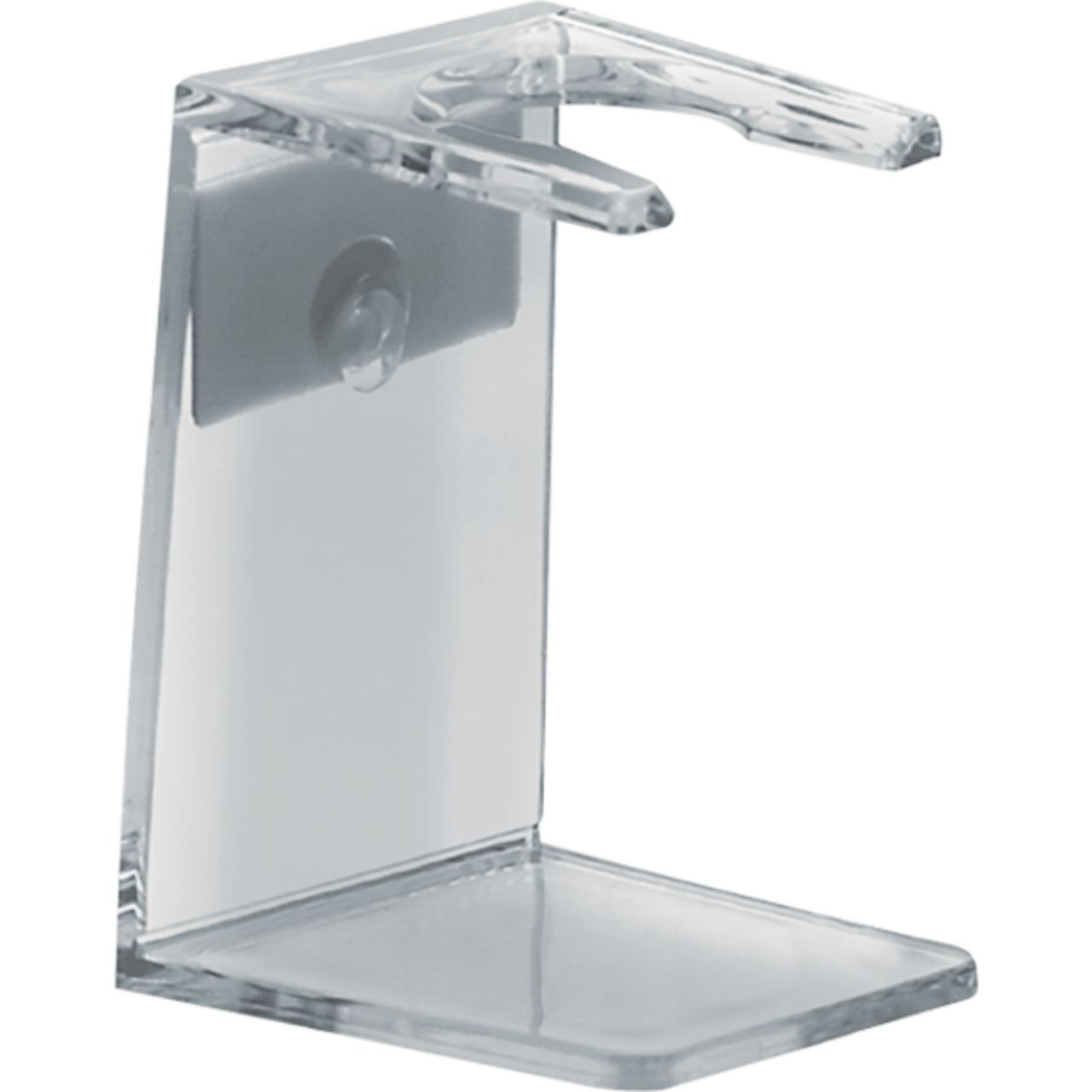 Transparenter Pinselhalter. Eckige Grundfläche, Halterung für Pinselkopf. Wandmontage mit Saugnapf.