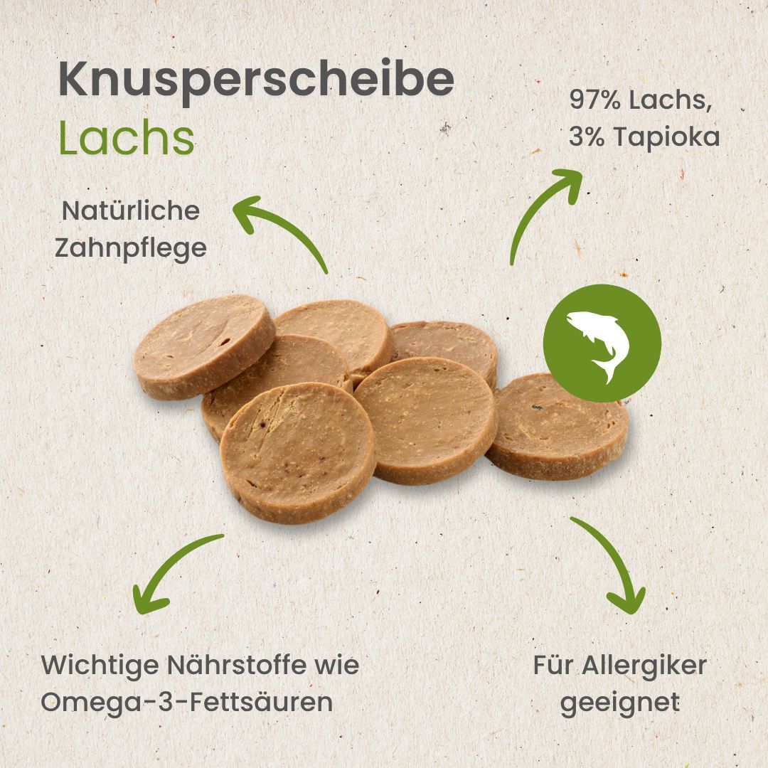 Lachsknusperscheiben für Hunde: 97% Lachs, 3% Tapioka, gut für Allergiker und natürliche Zahnpflege.