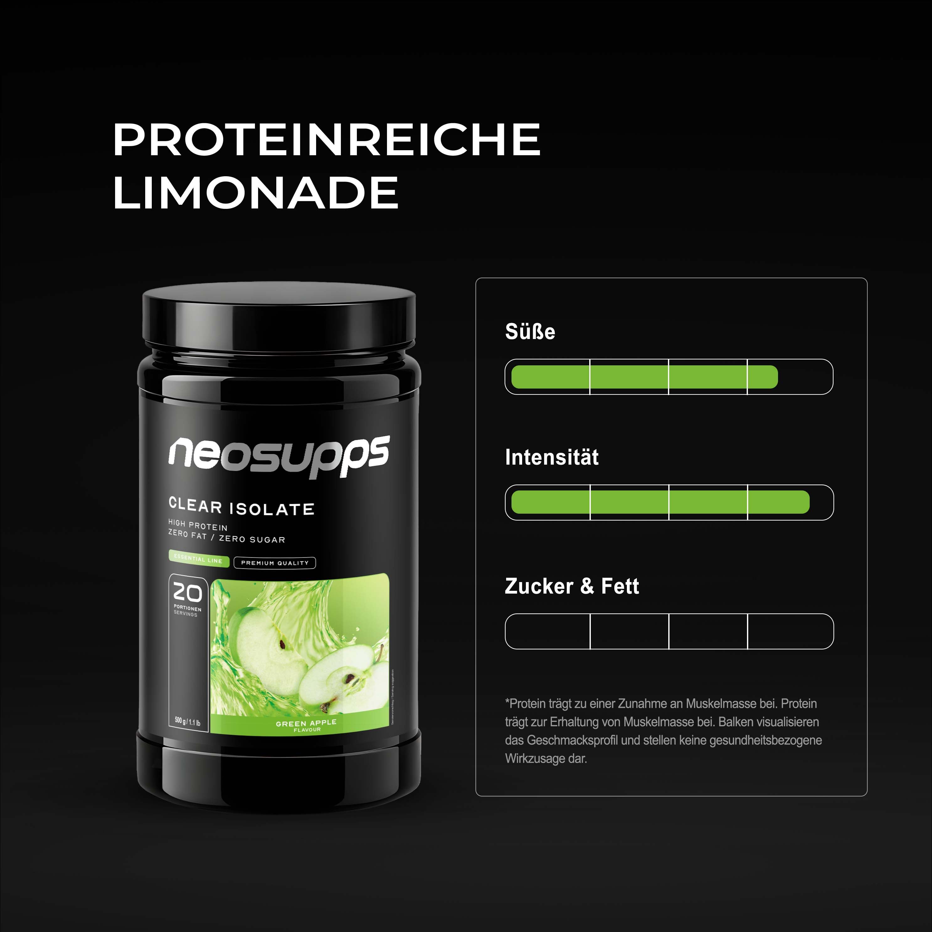 Neosupps Clear Whey Isolat Protein Pulver, 500g, Green Apple Geschmack