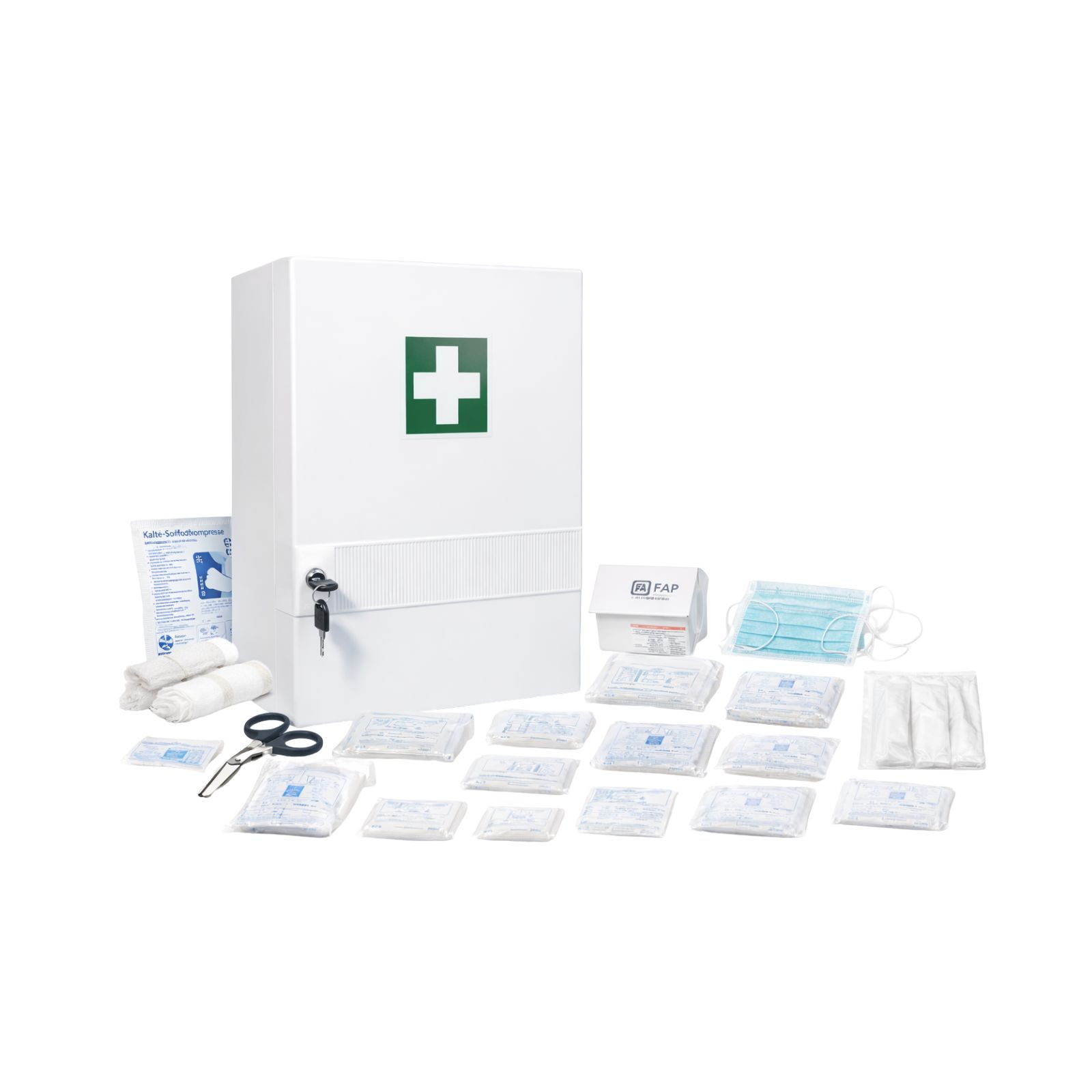 Weißer Verbandschrank mit Inhalt und Zubehör. Enthält Verbandsmaterial, Masken, Schere. Auf dem Boden platziert.