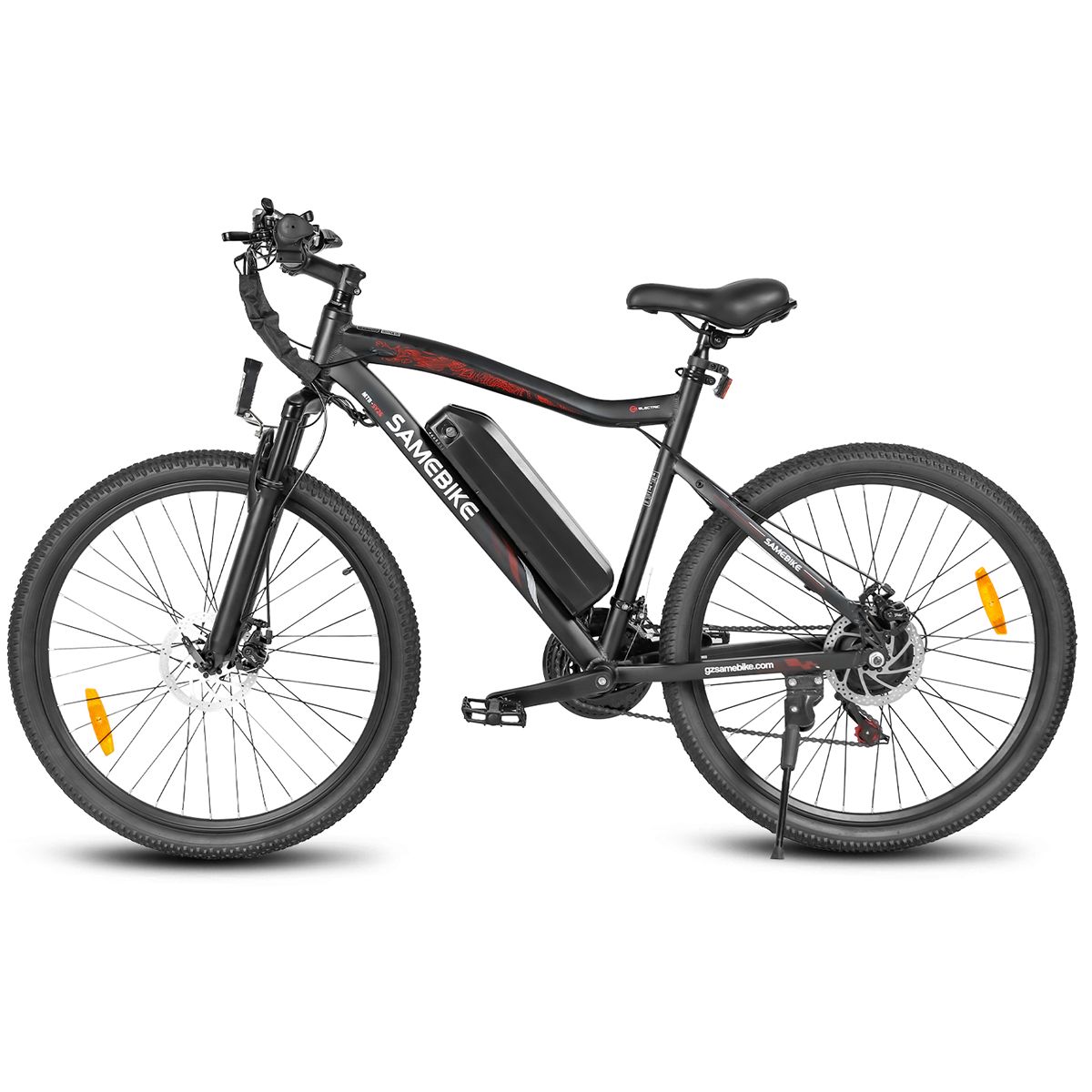 Schwarzes E-Bike mit roter Akzentfarbe. Marke SAMEBIKE. 21-Gang-Shimano-Schaltung. Seitenansicht.