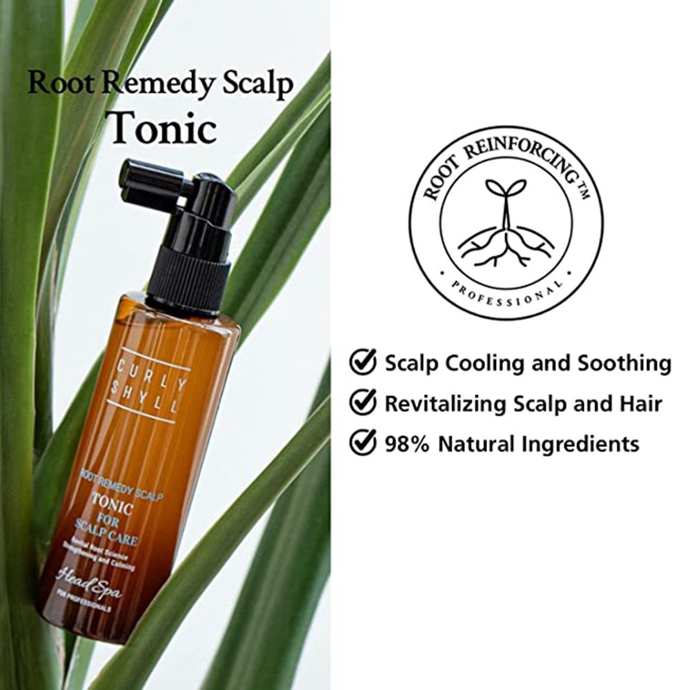 Braune Sprühflasche mit "Root Remedy Scalp Tonic" und "98% Natural Ingredients" Aufschrift. "Root Reinforcing Professional" Logo.