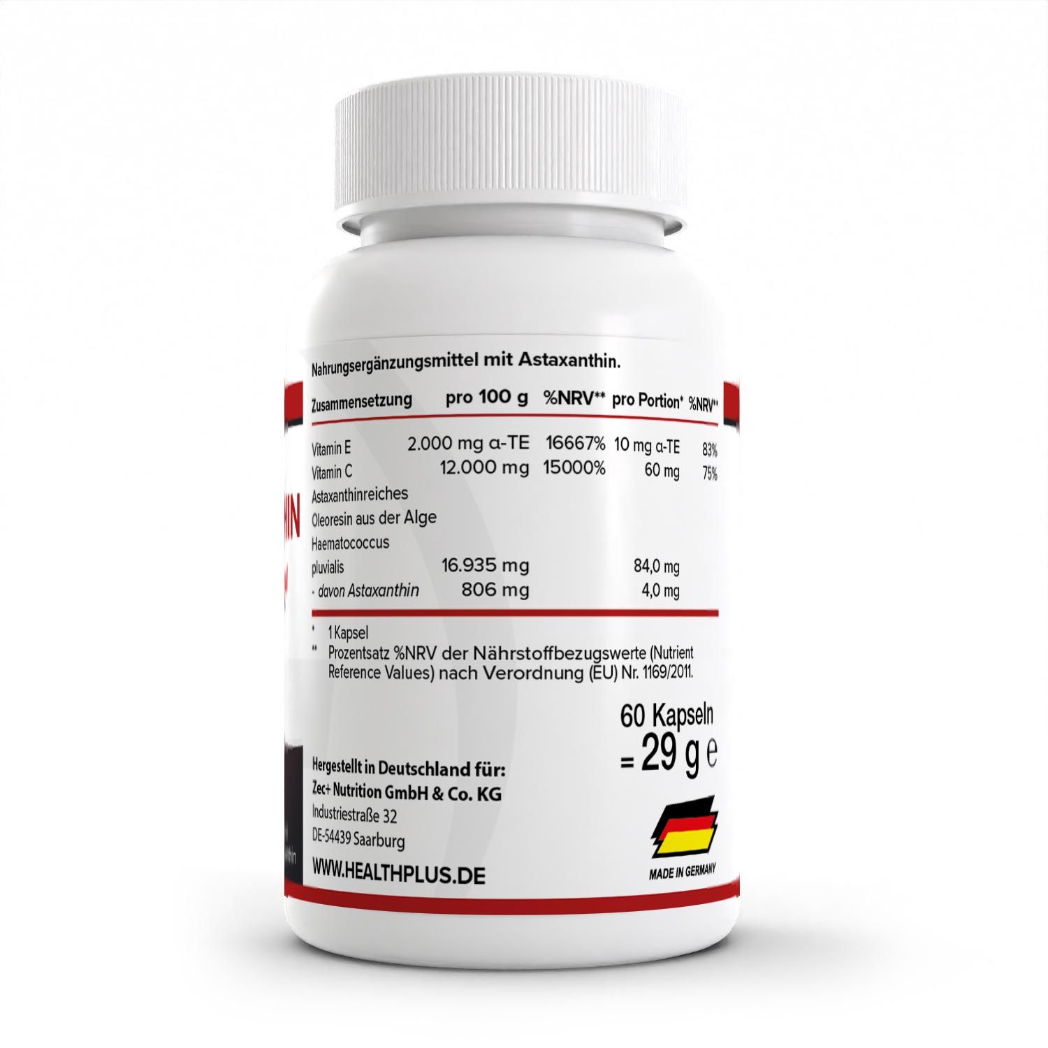 Rückseite der weißen Flasche. Aufschrift: Nahrungsergänzungsmittel mit Astaxanthin. 60 Kapseln. 29g. Hergestellt in Deutschland.