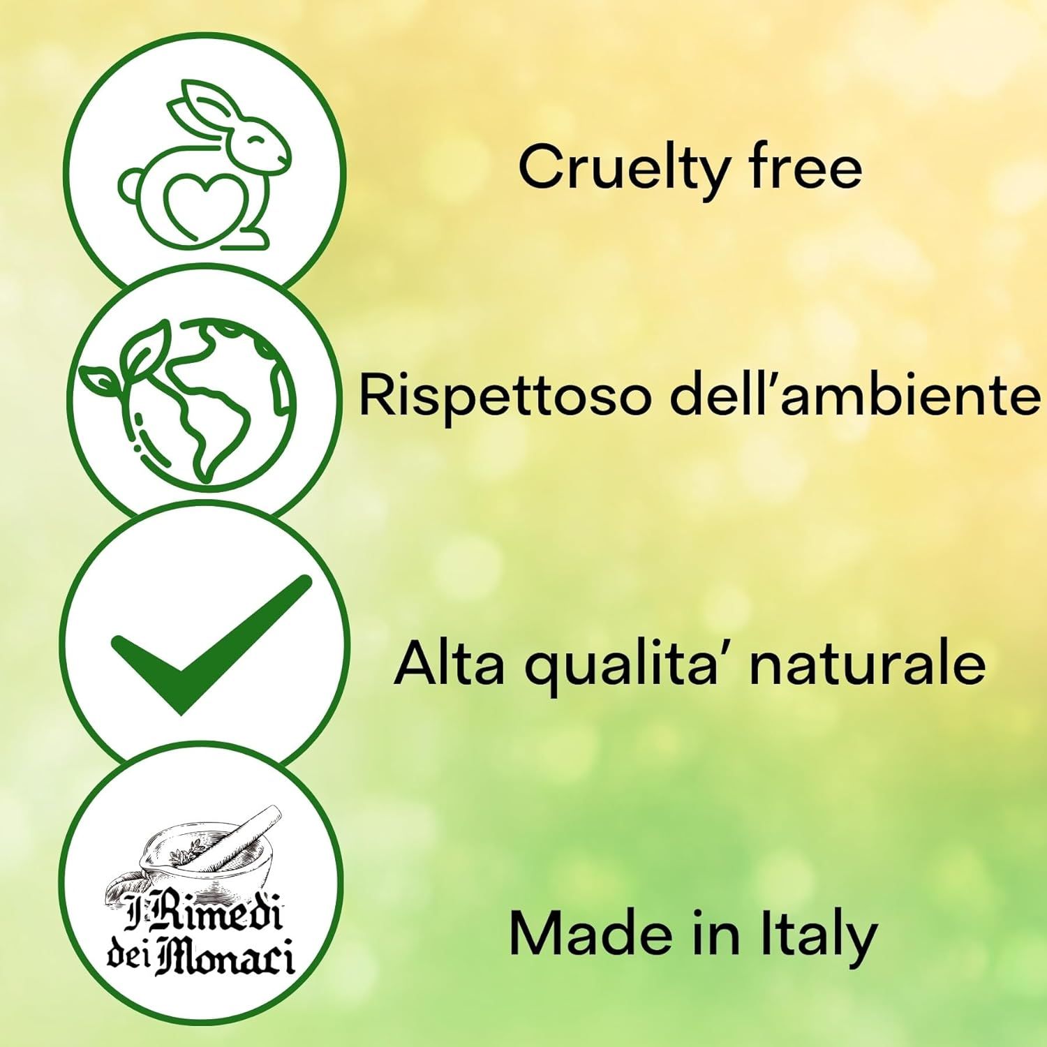 Kreisförmige Symbole mit Text: Cruelty free, Umweltfreundlich, Hohe natürliche Qualität, Hergestellt in Italien. Grün-gelber Hintergrund.