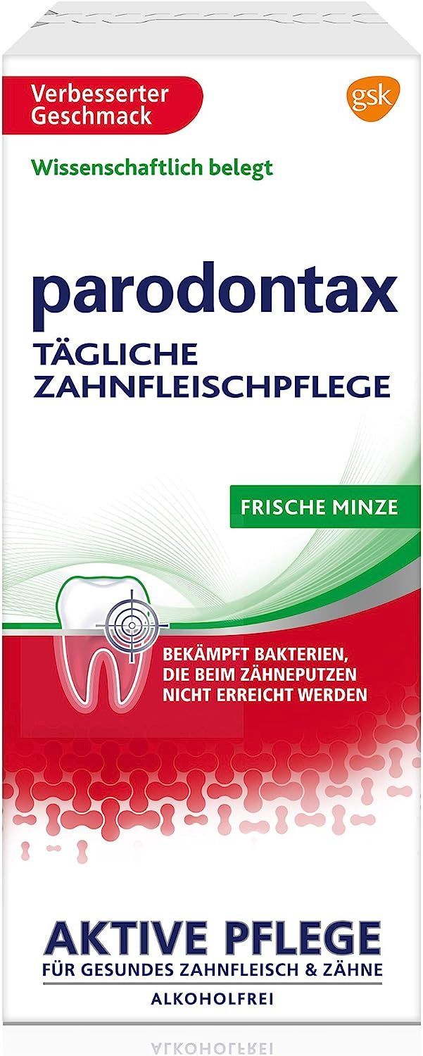 Parodontax Mundspülung, frische Minze. Verpackung mit Produktnamen, Logo und Text. Rote und grüne Farbakzente. Enthält Alkohol.
