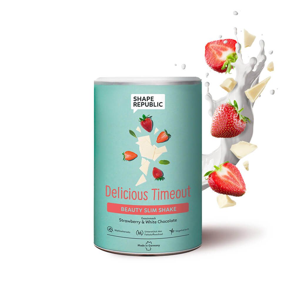 Türkis Dose mit Erdbeeren und weißer Schokolade. Aufschrift: Delicious Timeout, Beauty Slim Shake, Shape Republic.