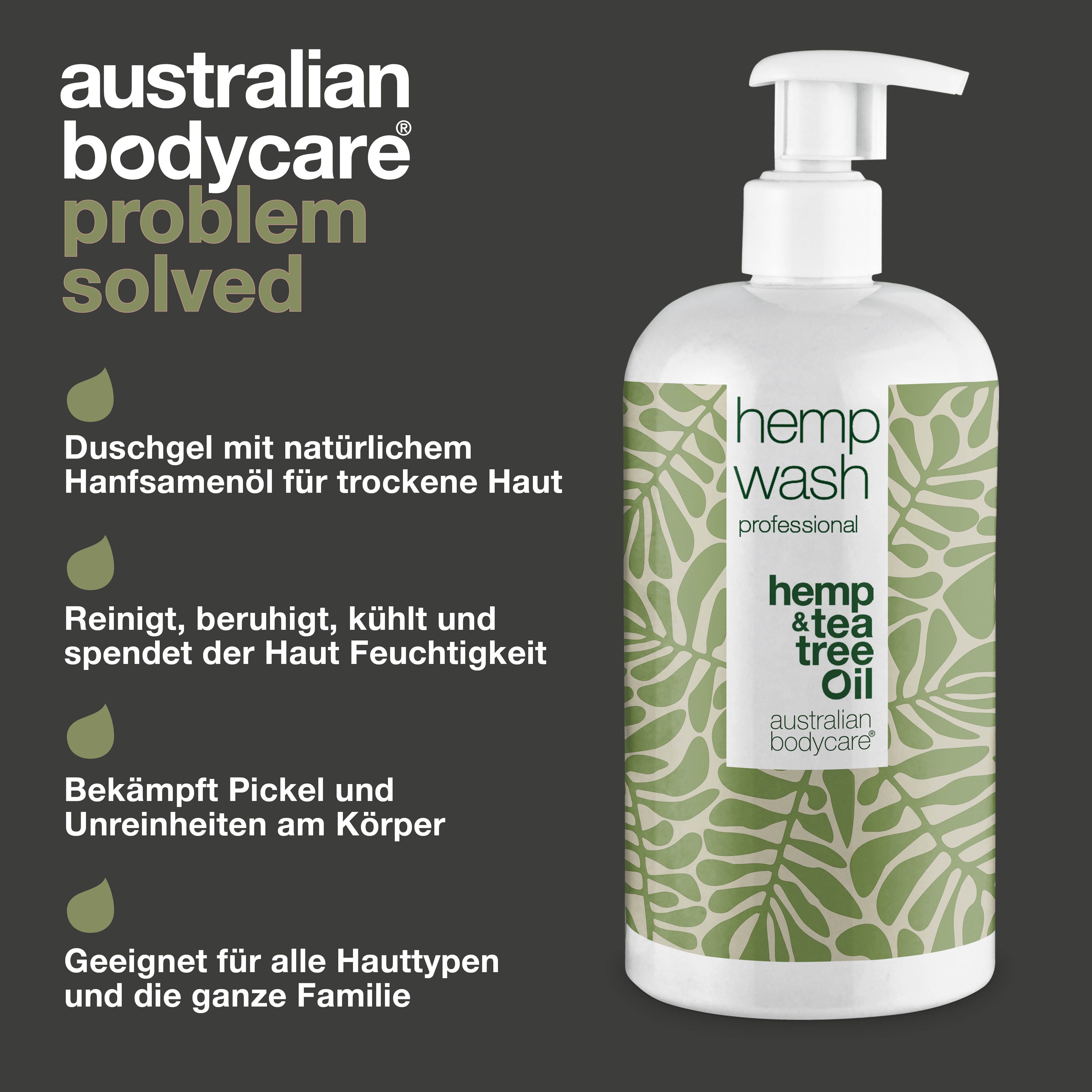 Produkt neben Text: Duschgel mit Hanfsamenöl, reinigt, beruhigt, kühlt, spendet Feuchtigkeit, bekämpft Pickel, für alle Hauttypen.