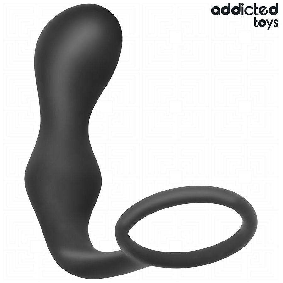 Schwarzes Analplug mit Hodenring. L-Form mit Ring. Marke Addicted Toys.