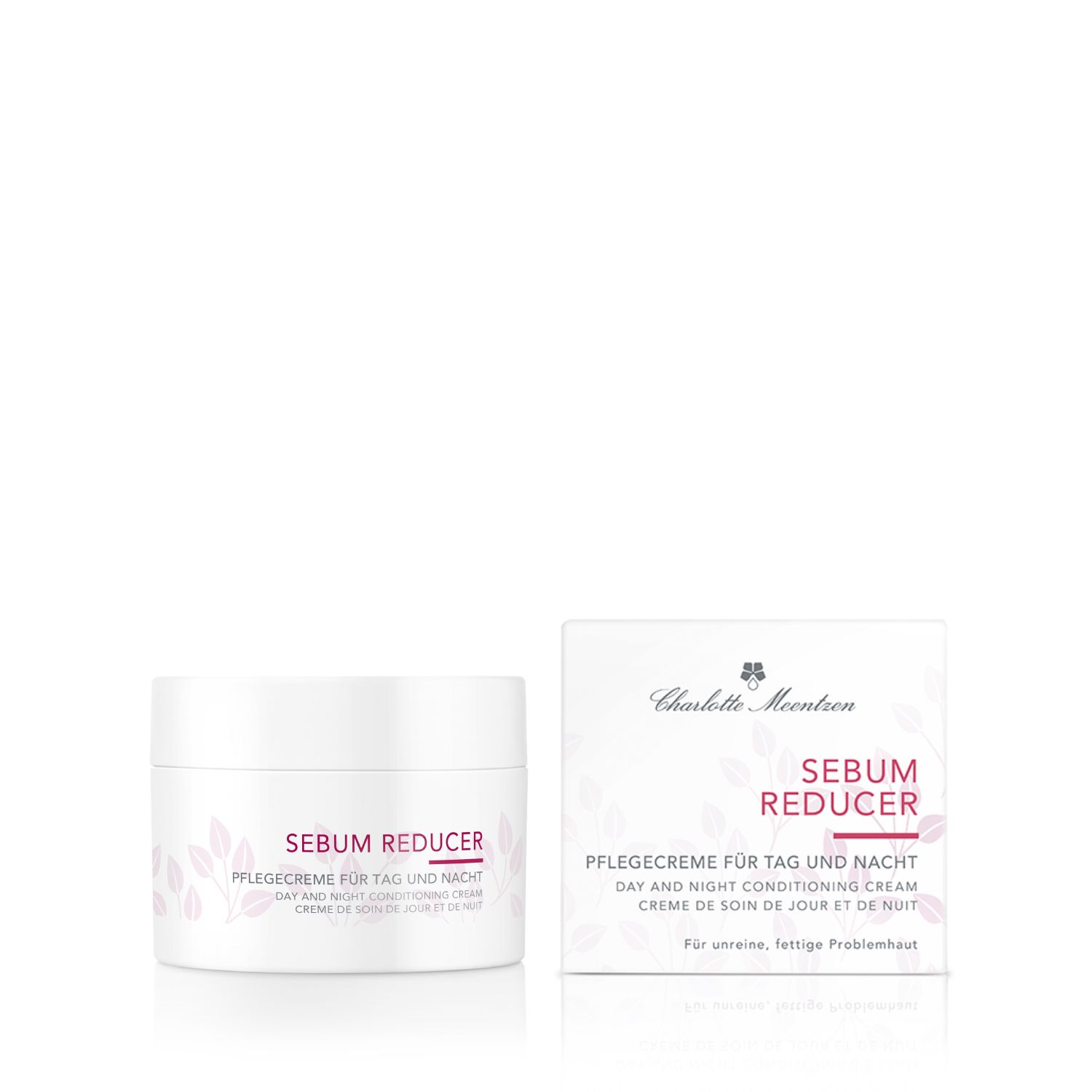 Weißer Tiegel und Karton mit Produktinformationen. Text: Charlotte Meentzen, Sebum Reducer, Pflegecreme für Tag und Nacht. Floral Muster.