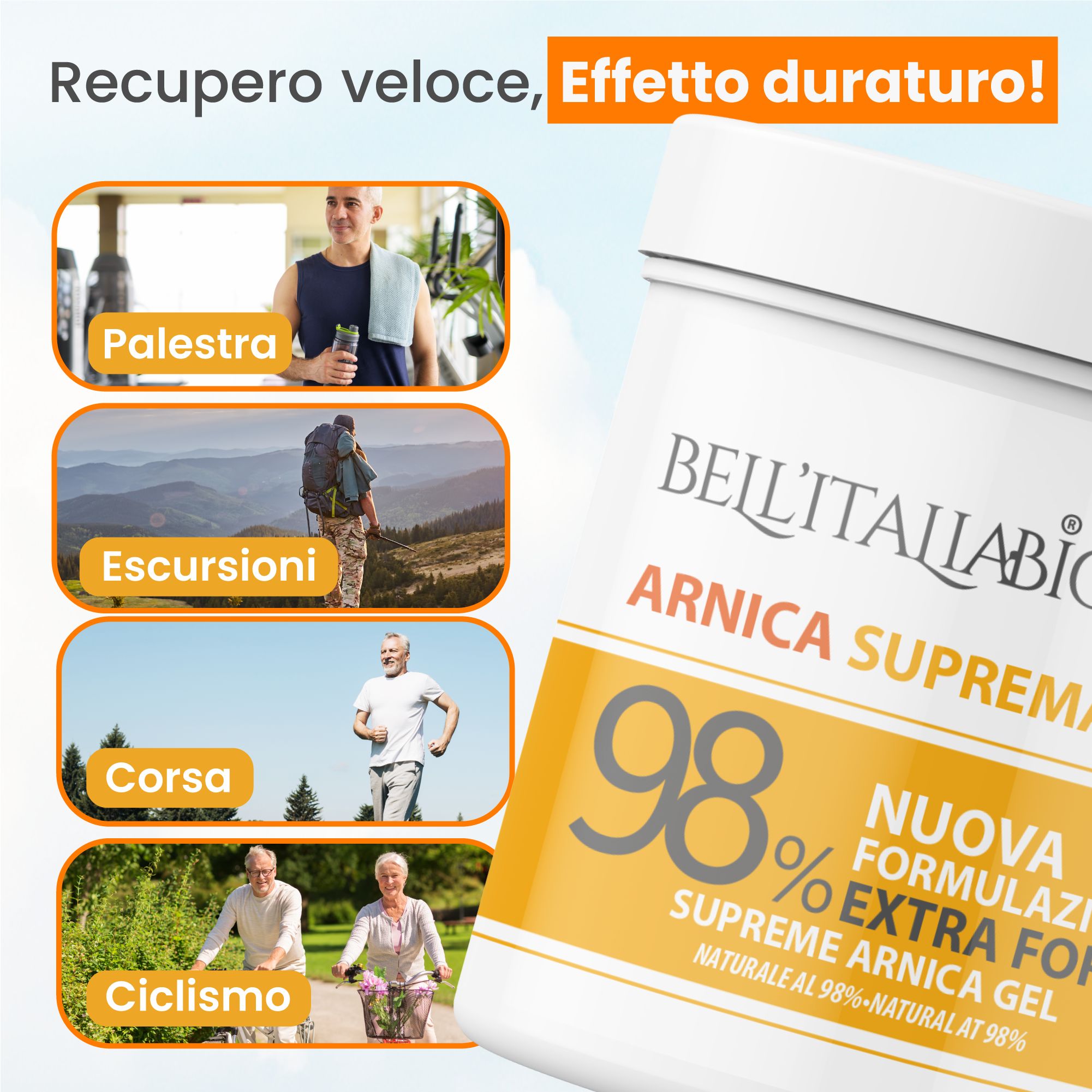 Personen bei Sportarten. Text: BellItaliabio Arnika Supreme Gel. 98% Extra Forte. Abgebildet sind: Fitness, Wandern, Laufen, Radfahren.