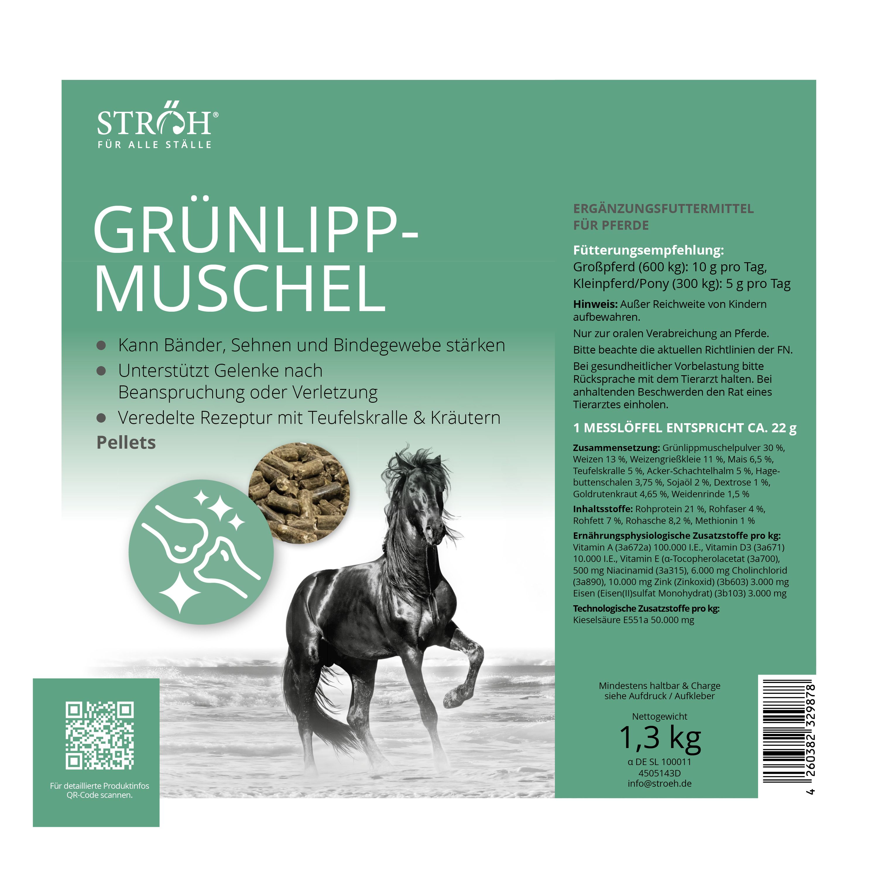 Etikett mit "GRÜNLIPPMUSCHEL". Text: "Kann Bänder, Sehnen und Bindegewebe stärken". Logo "STRÖH". 1,3 kg.