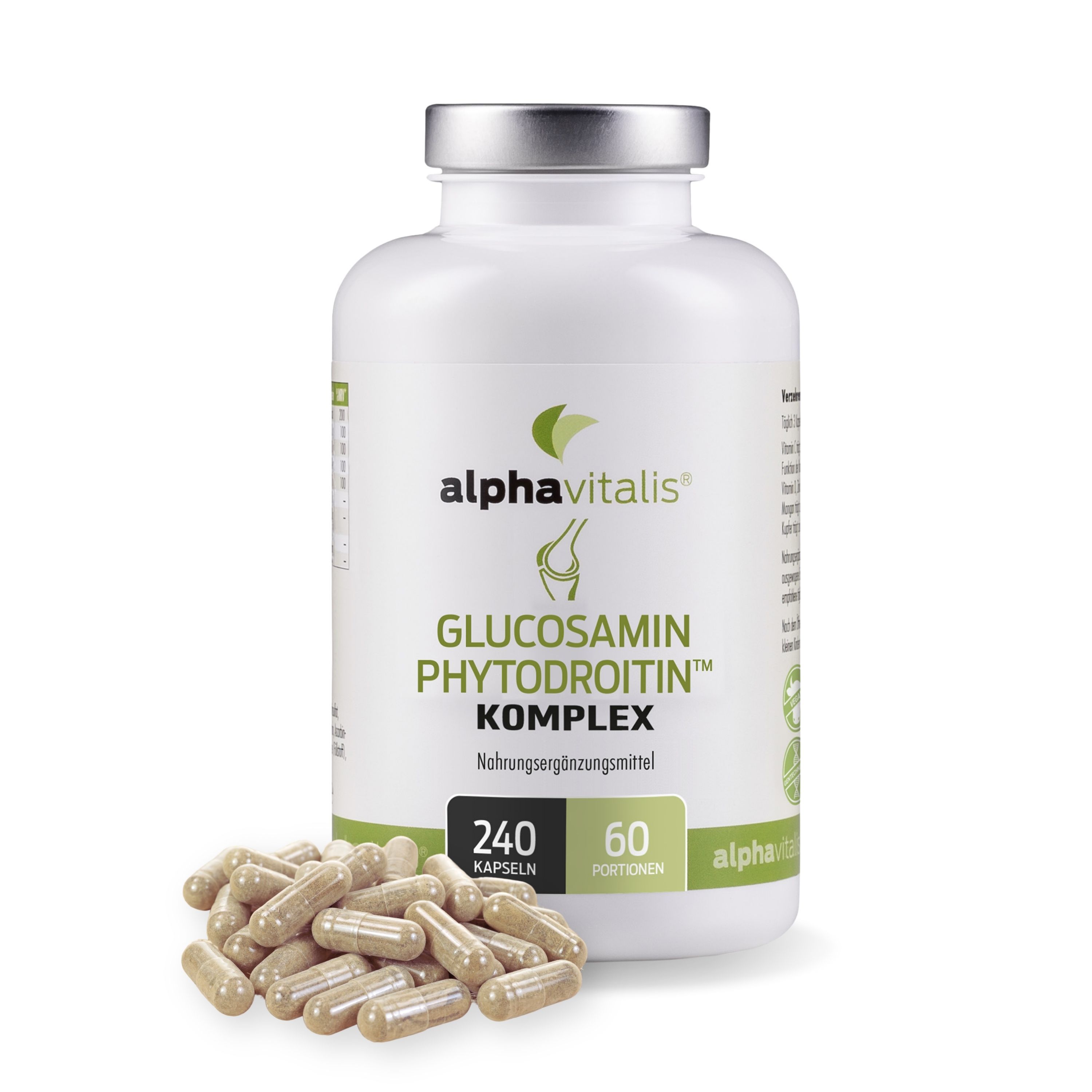 Weiße Flasche mit Kapseln. Aufschrift: Alphavitalis Glucosamin Phytodroitin Komplex. 240 Kapseln. Daneben Kapseln. 60 Portionen.