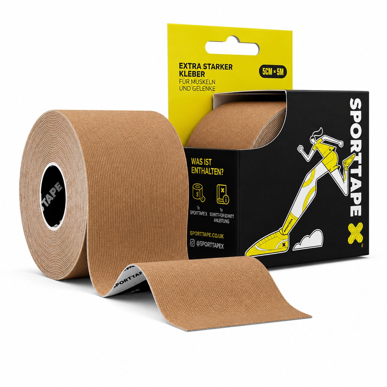 Rolle und Verpackung von SPORTTAPE Kinesiologie-Tape, hellbraun, 5cm x 5m.