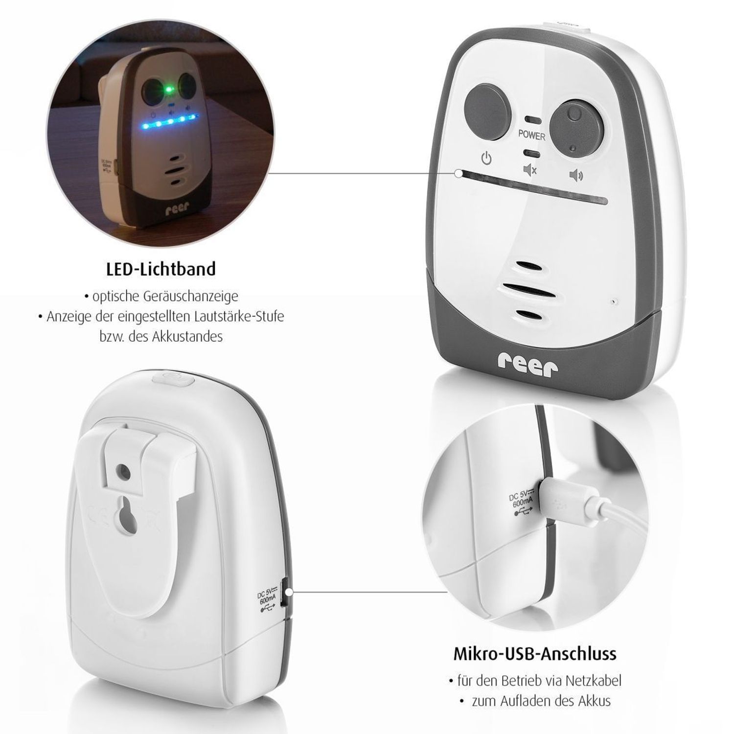 Reer Cosmo Babyphone: Elterneinheit mit LED-Lichtband und USB-Anschluss.
